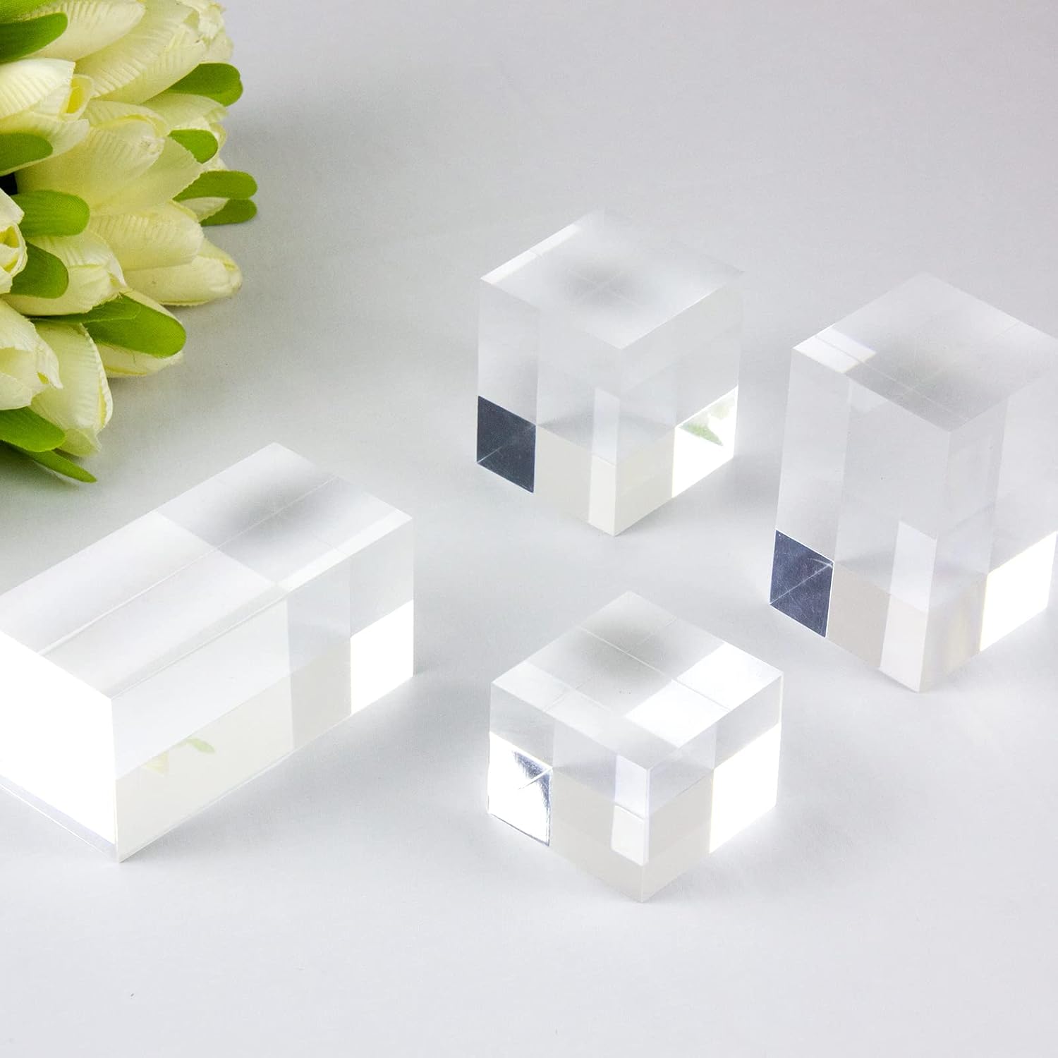 ODM Clear Polished Acrylic Cube Cylinder Round Photo Props, Transparent Solid Acrylic Display Blocks for Photography Boutique Jewelry Cosmetic Crafts Closet Show, 4 Pcs (Transparent Cube) Custom Logo Service