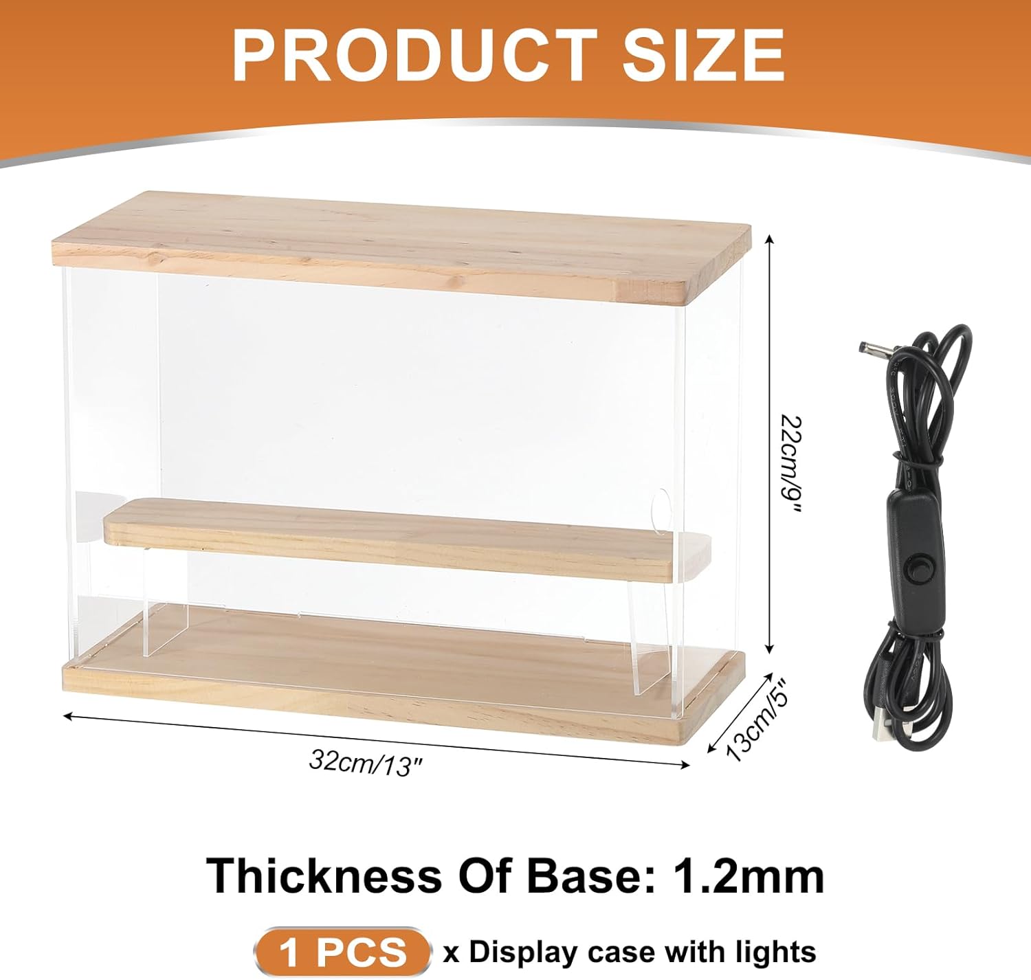 Private Label MECCANIXITY Clear Display Case, 2 Layer Acrylic Figure Display Case Clear Display Boxes for Collectibles, Figures Model Toys Home Storage(with Square LED Light, 13x5x9 Inch Wood Base) Ecommerce Ready Product
