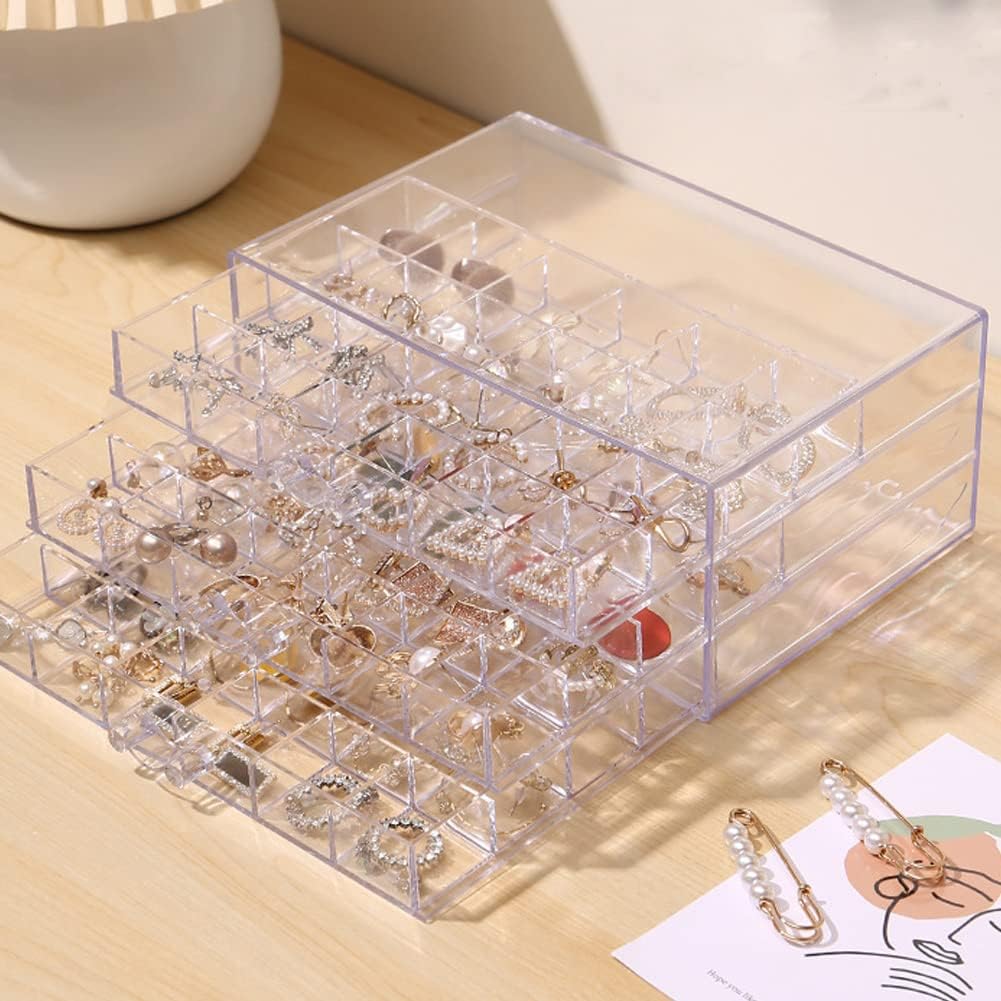 Direct Manufacturer Earring Storage Box Acrylic Jewelry Storage Holder Ring Clear Plastic Transparent Jewelry Display Stand with 3 Drawers 72 Small Compartment Tray for Women Girls Low MOQ