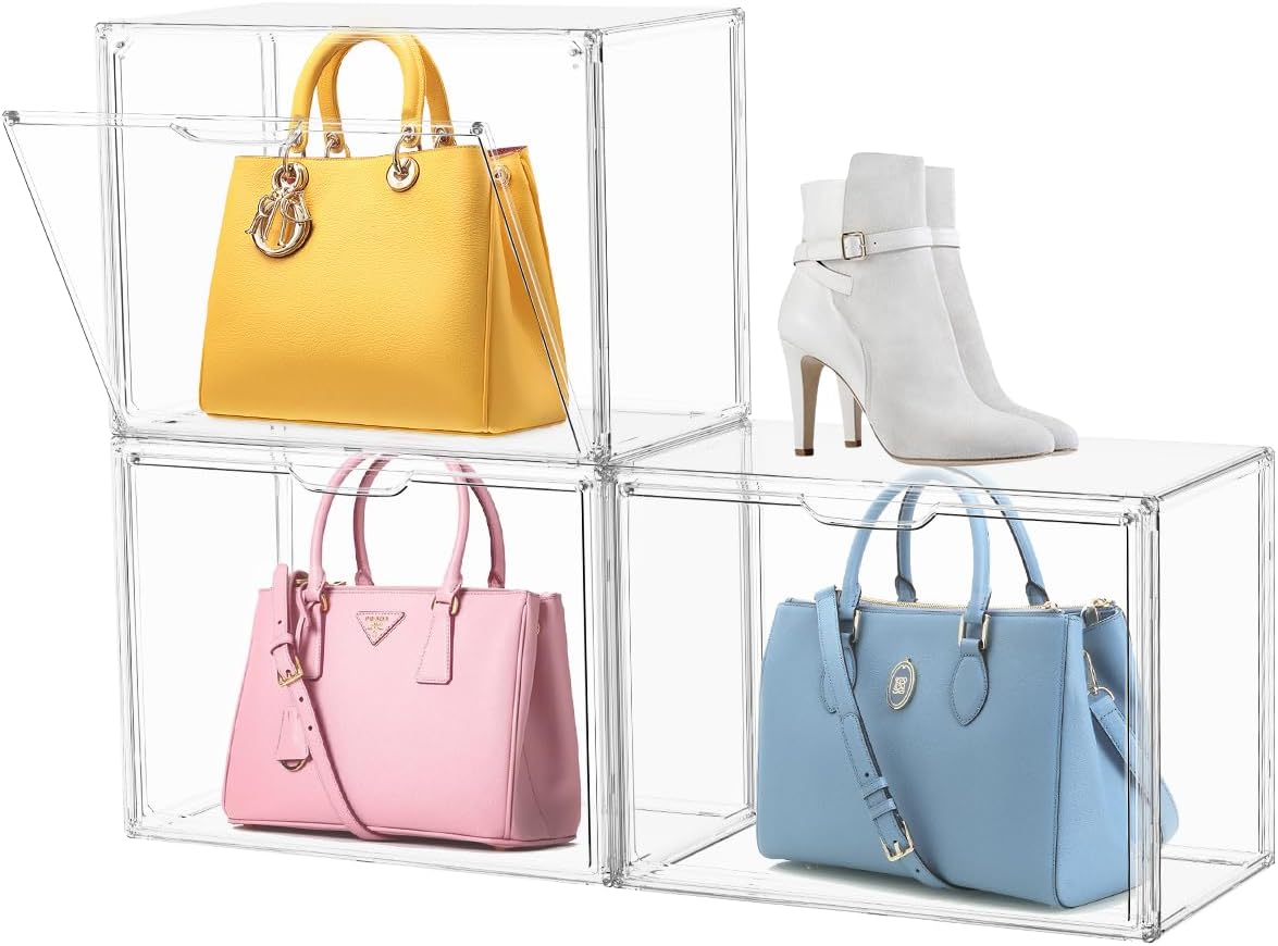 KSacry 3PCS Acrylic Display Case, Display Cases for Collectibles, Purse Storage Organizer, Clear Acrylic Display Boxes with Lid for Handbags, Shoes, Collectibles, Cosmetic and Toys