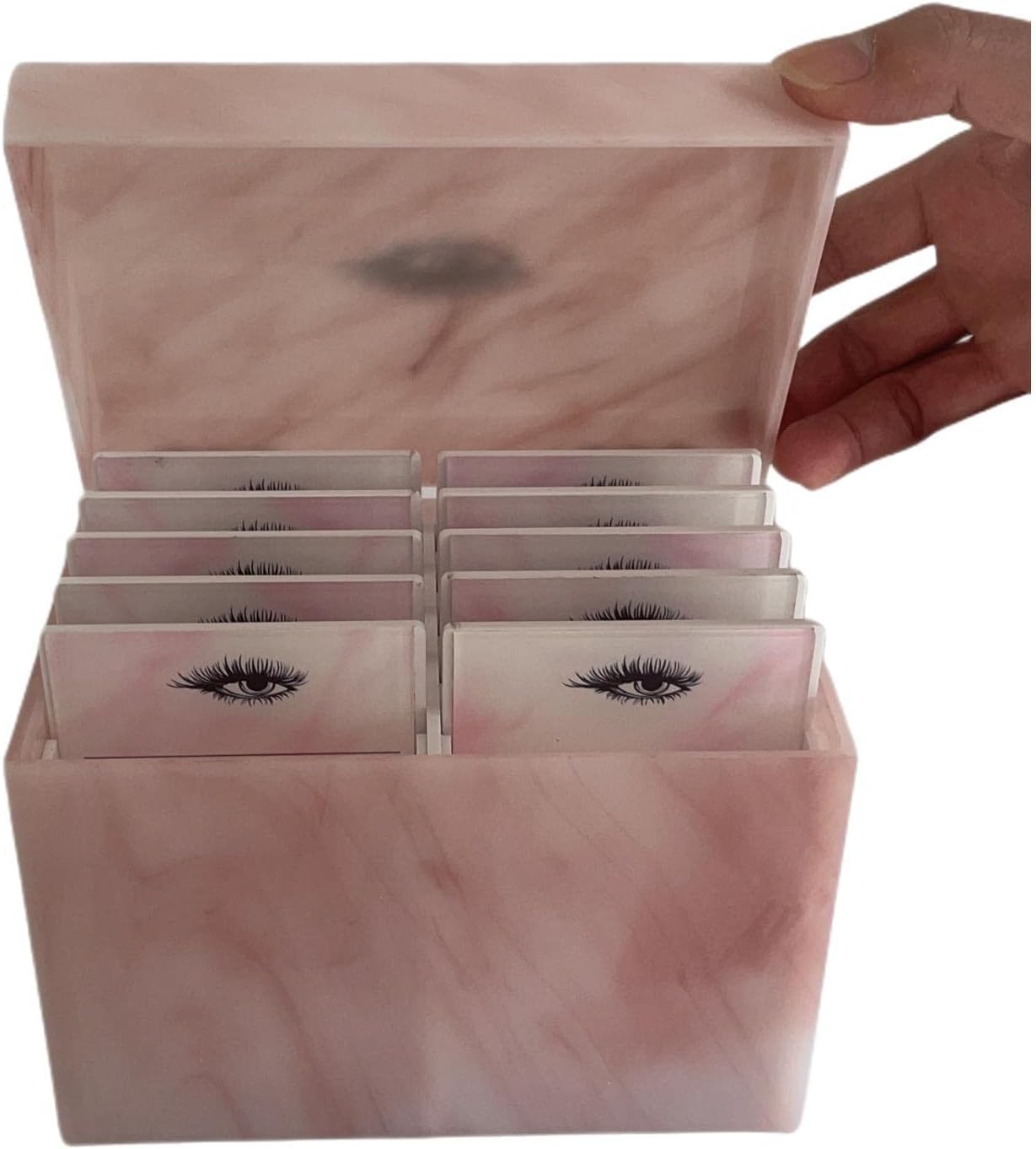 Private Label 10 Layers Acrylic Eyelash Storage Box,Eyelash Holder Extension Tool,Makeup Organizer False Eyelashes Glue Pallet Holder, Grafting Eye lashes Close-Packed Display with 10 Pallets (Pink Marble) Custom Logo Service