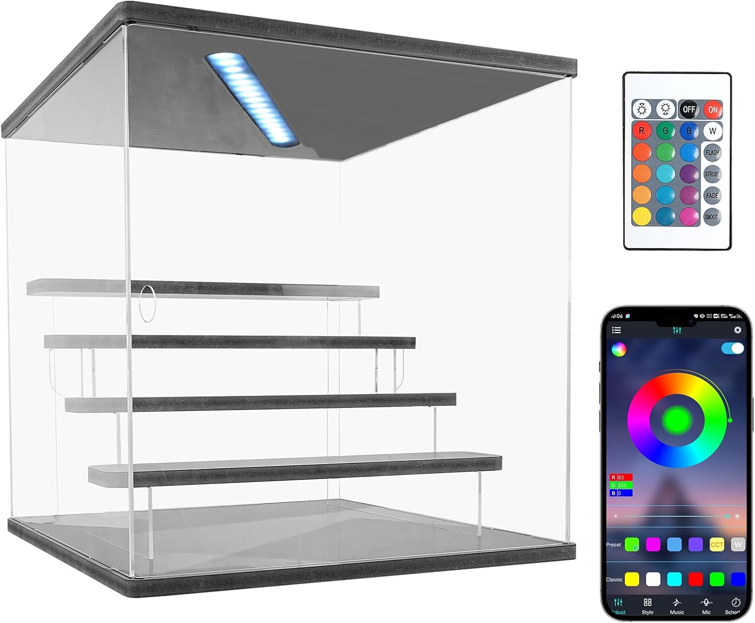 Clear Acrylic Display Case Stand with Led Light, Bluetooth RGB Lighting Plus Remote Control, 5 Tier Storage Display Box Showcase,Dustproof Organizer Box for Collectibles(Black 5Tier)