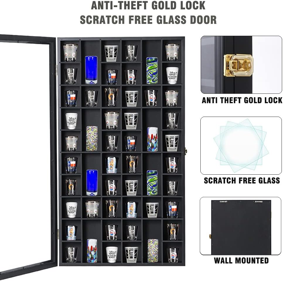 Private Label Shot Glass Display Case Large Wooden Cabinet Rack Holder Wall Mounted Black Shadow Box Lockable with UV Protection Acrylic Glass Door Shot Glass Storage Case with Removable Shelves, 17"x32", 52 Slots Custom Mold Development