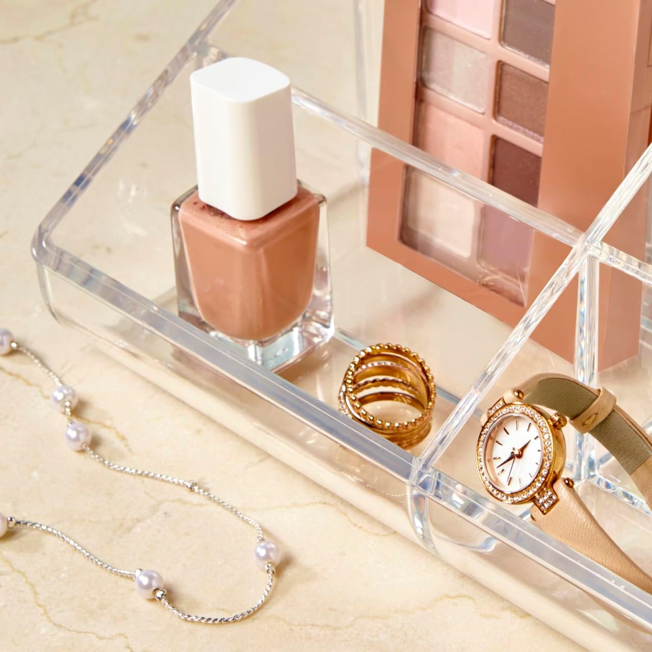 Private Label STORi Clear Plastic Vanity Makeup Organizer | 6-Compartment Holder for Brushes, Eyeshadow Palettes, & Beauty Supplies | Curved Front Design | Made in USA Factory Direct Price
