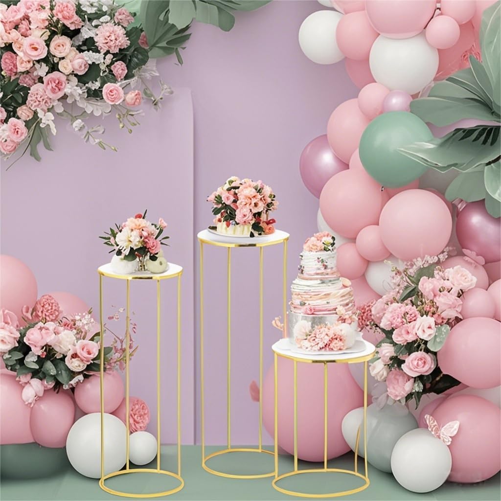 Private Label 3pcs Metal Cylinder Pedestal Stand for Party, Cilindros Para Decoraciones De Fiestas, Round Cake Pedestal Tables for Wedding Display, Event Decor with Floral Plant, Birthday Backdrop- Gold OEM Wholesale Manufacturer