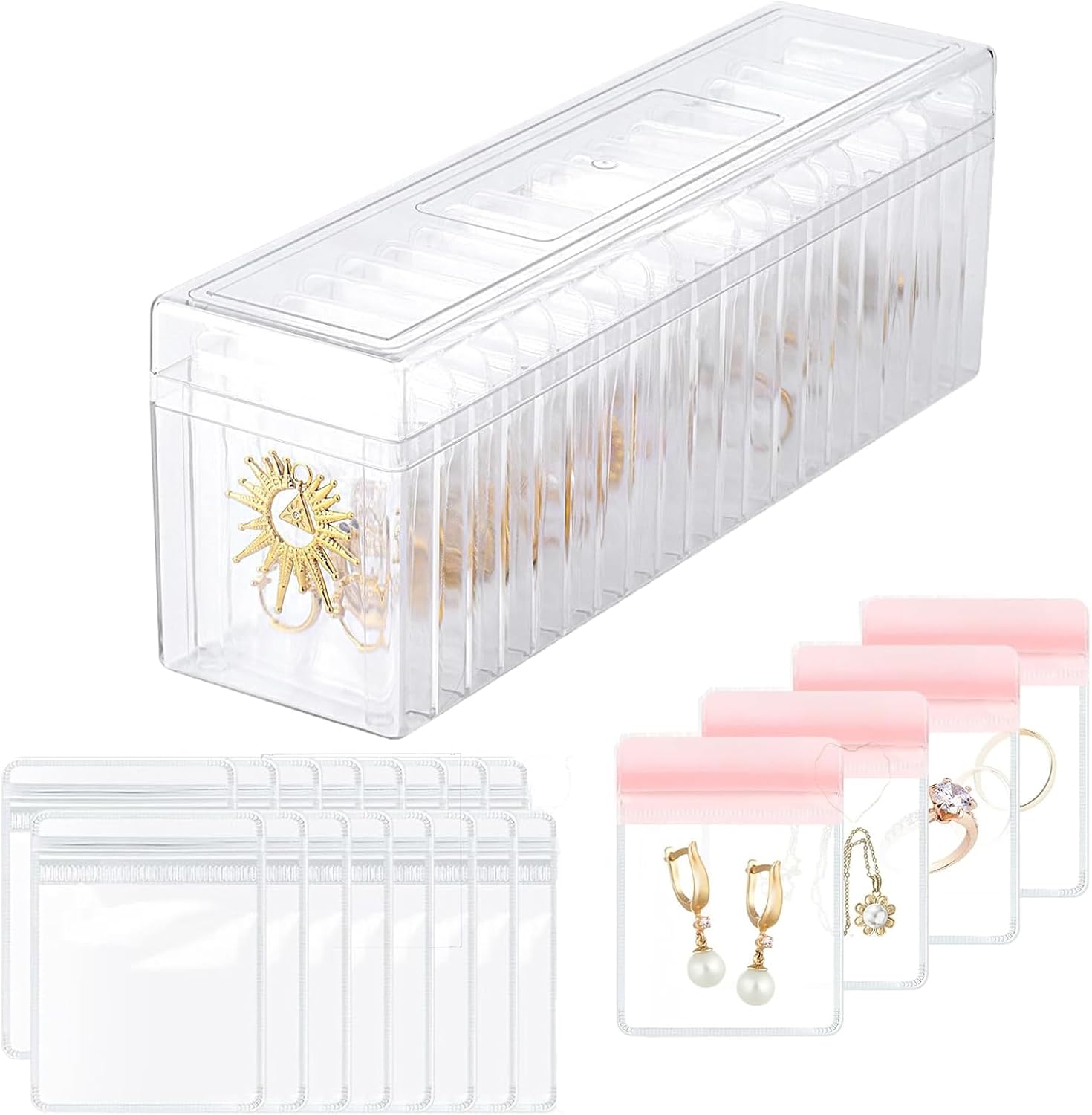 Acrylic Jewelry Box Organizer with 40 PVC Portable Anti Tarnish Jewelry bags Clear Jewelry Organizer,Travel Jewelry Case for Earrings Ring Necklace (Clear+Pink)