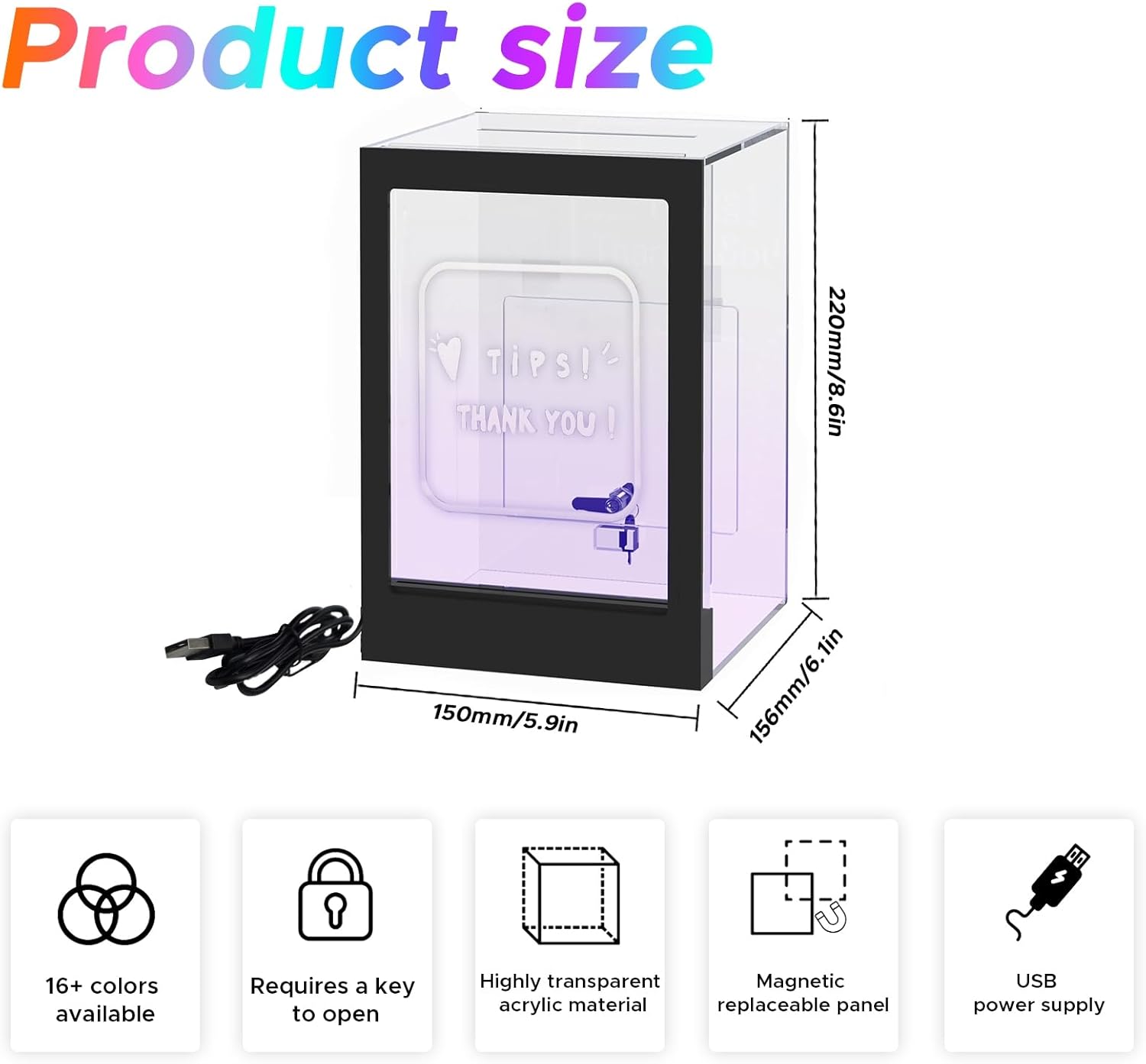 Private Label 18-Color LED Acrylic Tip Jar for Bartender with Remote Control, Lockable Cash Slot & Customizable Magnetic Sign(5.9"x5.9"x8.8") – USB-Powered Donation Box for Restaurants, Bars, Charity Events Custom Mold Development