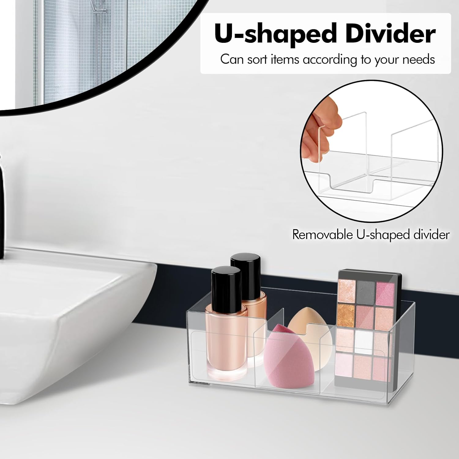 Private Label Poeland 2 Pack Makeup Organizer, Stackable Storage Organizer with U-shaped Removable Divider, Clear Storage Box for Medicine Cabinet, Closet, Bathroom, Counter Custom Logo Service
