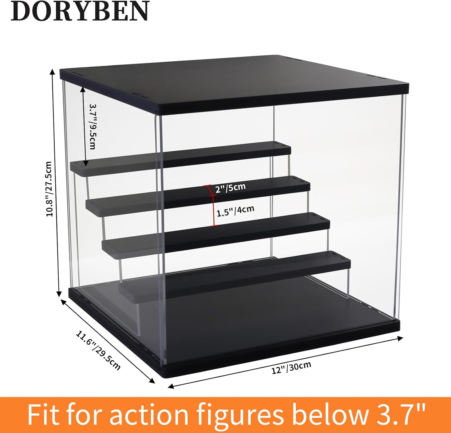 Private Label Acrylic Display Case with Adjustable LED Light, 5 Tier Clear Display Box Dustproof Showcase for Action Figures, Collectibles and Mini Toys, Assembly Display Cabinet(Black 12.5×12.2×11.8in) Ecommerce Ready Product