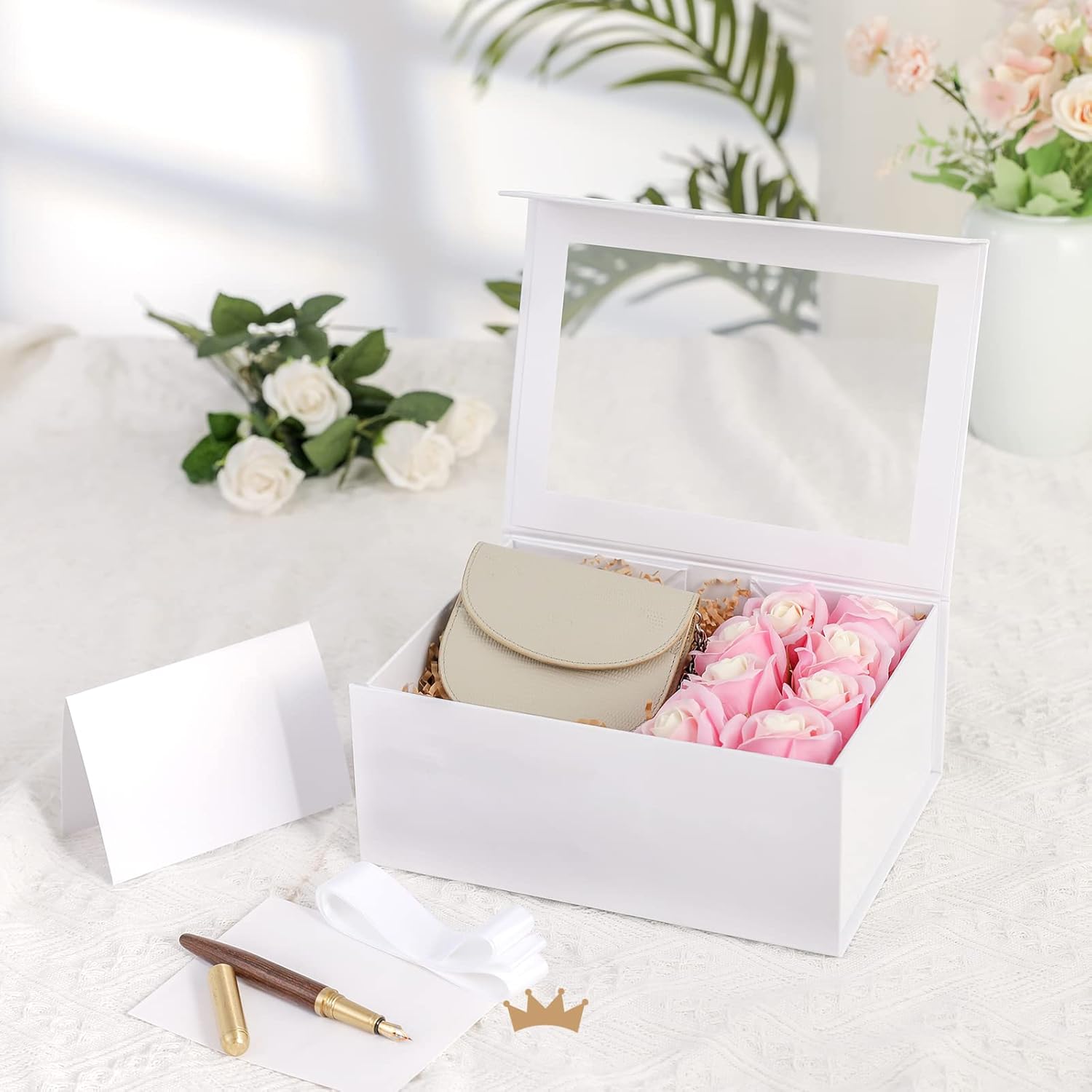 ODM 5 White Gift Boxes with Windows, 9x6.5x3.8 Inches, Clear Gift Boxes for Presents Contain Ribbons, Cards, Bridesmaid Proposal Boxes, Mothers Day Gift Boxes with Magnetic Lids (Glossy White) Custom Mold Development
