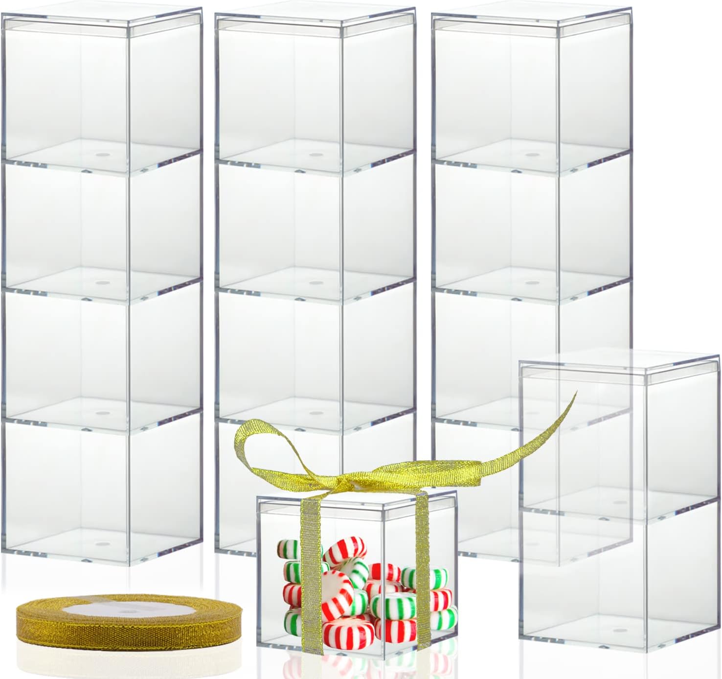 Clear Plastic Square Cube,15 Pack Small Acrylic Plastic Storage Box with Lids Transparent Clear Square Containers Display Boxes Gift Box with Glitter Ribbon for Candy Pill Jewelry Christmas (1.8