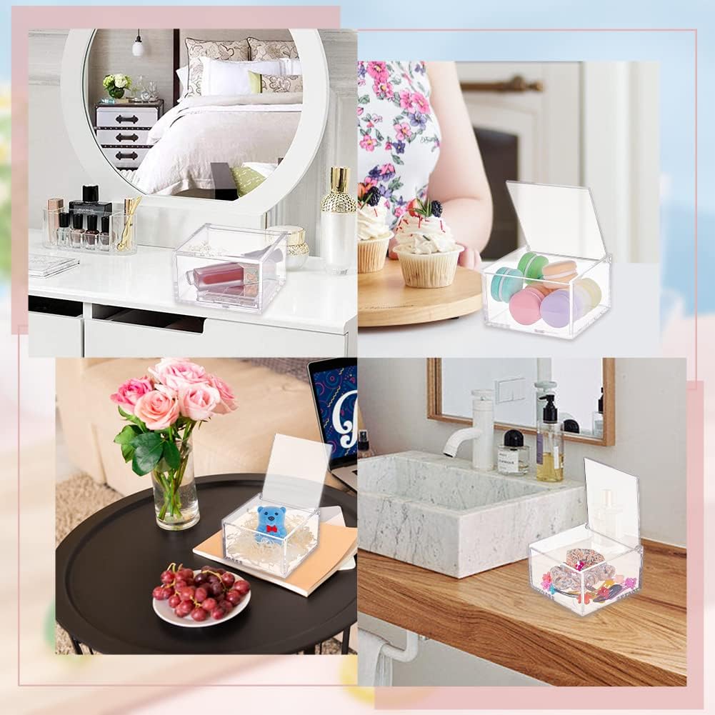 Private Label BENECREAT 2Pcs Acrylic Box with Lid, 4x4x2.3inch Clear Cube Display Case Storage Boxes Organizer Containers for Wedding Birthday Gift Packing Jewelry Office Supplies Storage Custom Logo Service