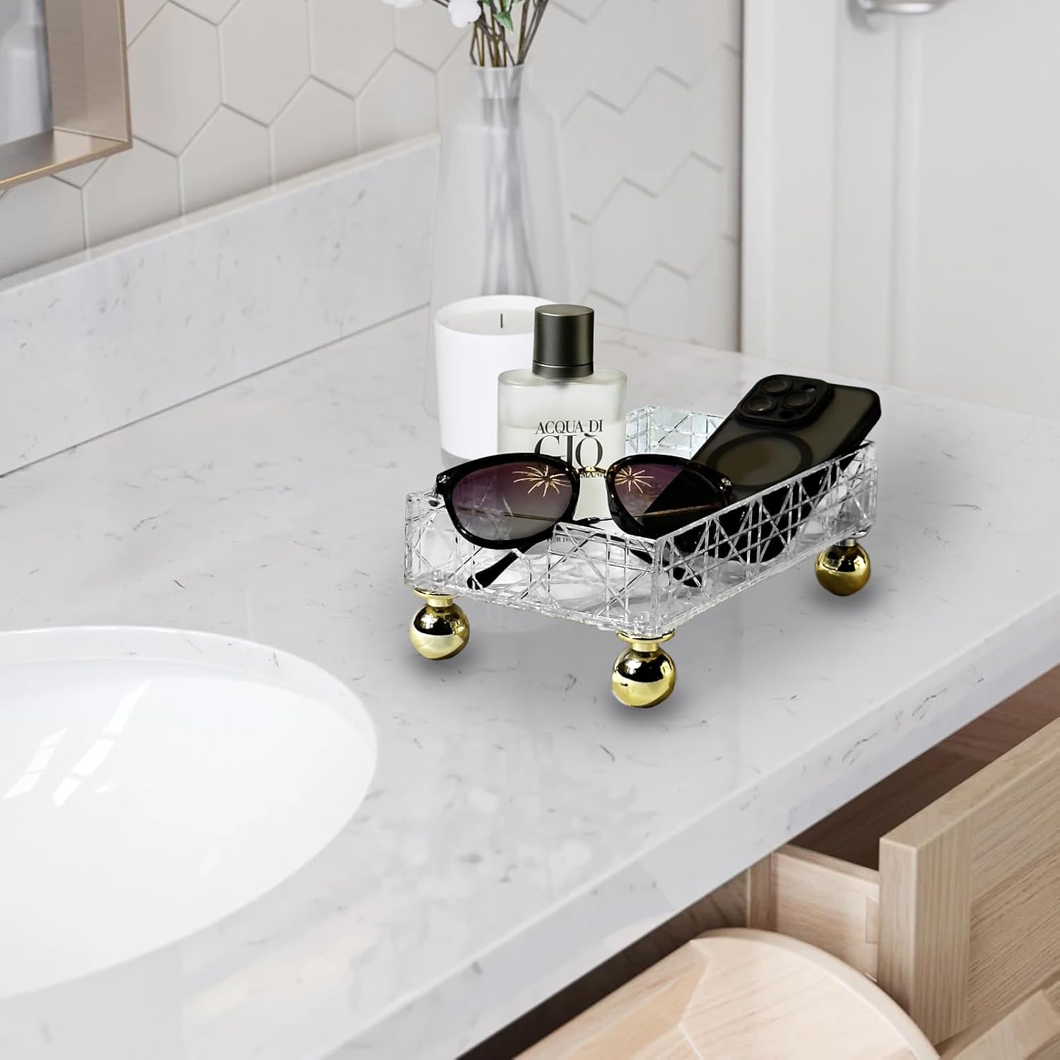 Private Label Transparent Makeup Organizer Storage Box Bathroom Counter Organizer Acrylic Vanity Tray with Gold Feet Geometric Texture Waterproof Makeup Organizer Countertop Storage for Hotel Home Custom Logo Service