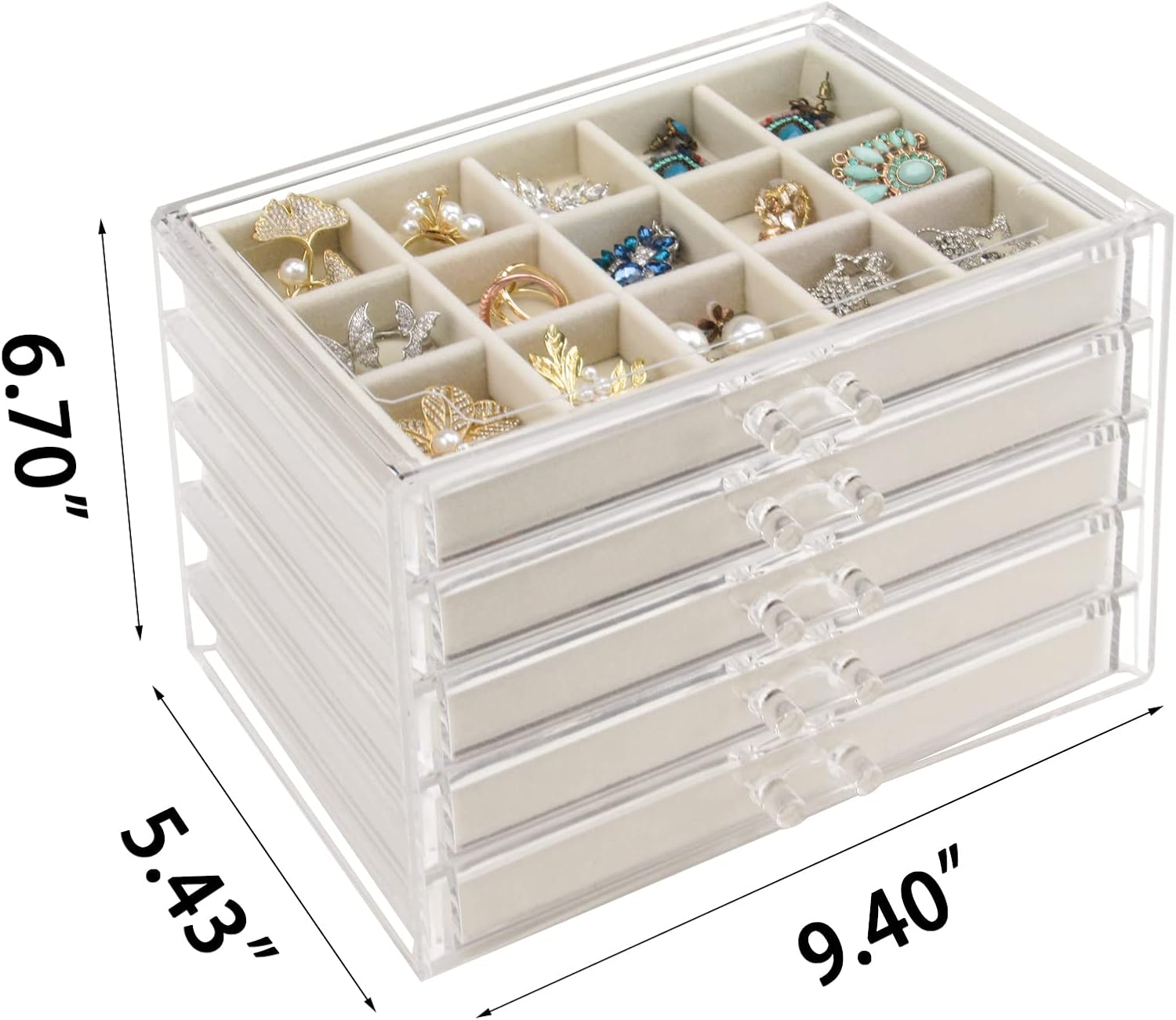 Direct Manufacturer Acrylic Jewelry Box with 5 Drawers, Clear Earring Storage Organizer Display Case for Women Girls, Beige Low MOQ