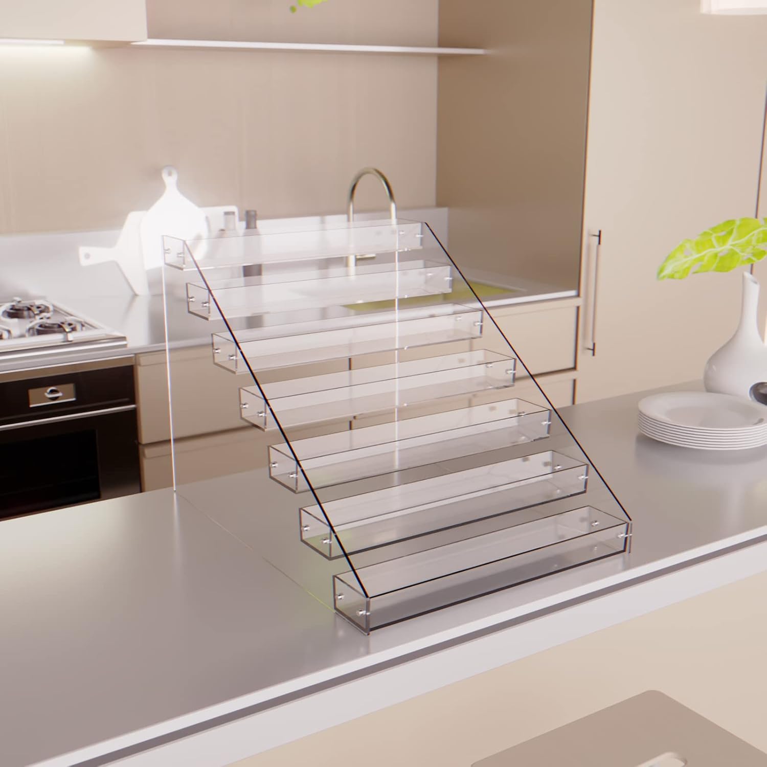 Private Label Tiered Spice Rack Acrylic, 7 Tier Clear Spice Rack Organizer for Cabinet, Vertical Spice Rack Shelf Durable Kitchen Seasoning Organizer for Countertop, Cabinet, Pantry, Kitchen Storage (7 Tier) Dropshipping Friendly