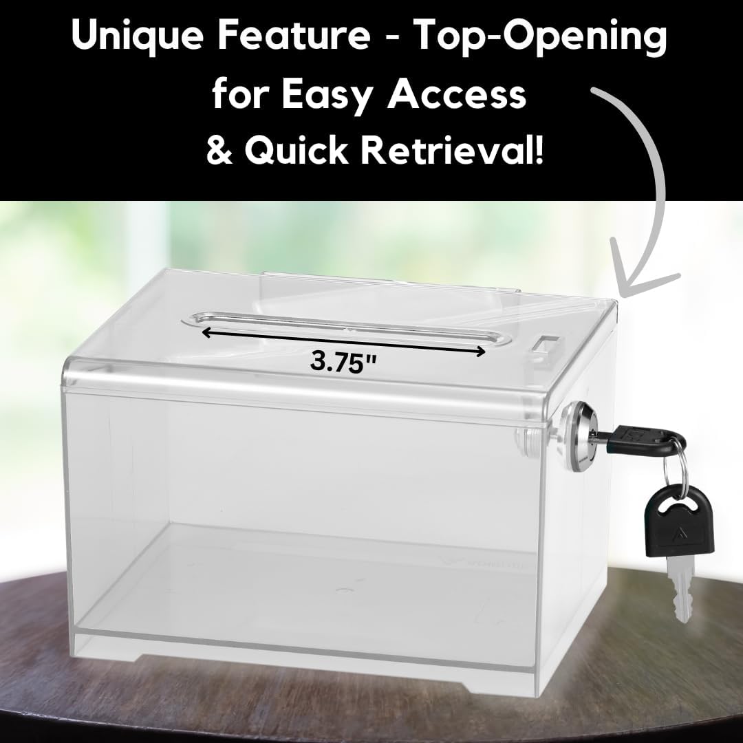 Private Label Adir Acrylic Donation Ballot Box with Lock - Secure and Safe Clear Slotted Suggestion Box - Storage Lock Deposit Box with Keys for Cards, Votes, Tickets, Feedback and Money (6.25 x 4.5 x 4 inches) Custom Mold Development