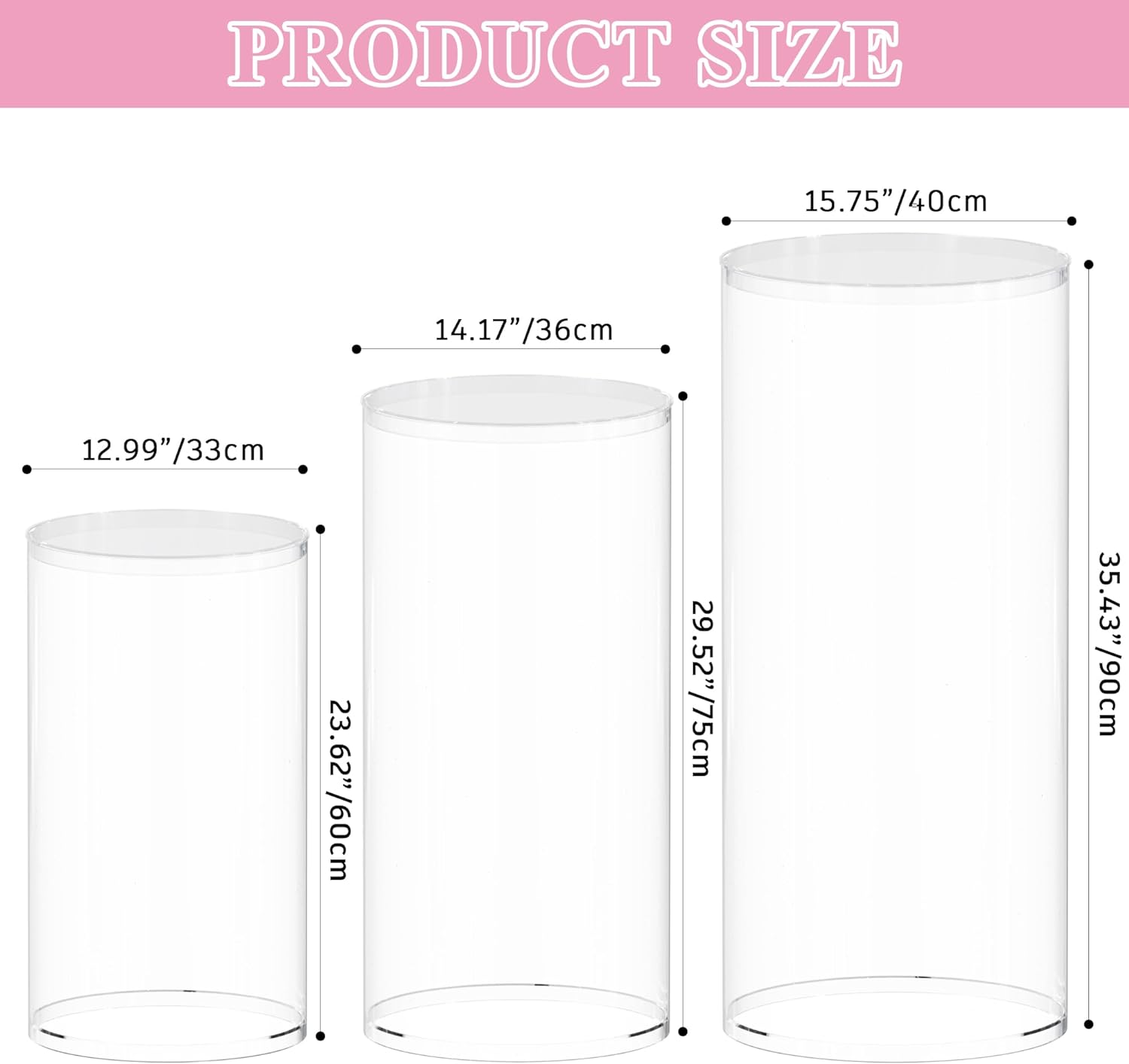 Private Label Wokceer Cylinder Pedestal Stands for Party 3Pcs Large Round Cylinder Tables for Parties Pedestal Stand Display Plinth Pillars for Wedding Birthday Party Art Decor 35.4"",29.5"",23.6"" H, Clear D OEM Wholesale Manufacturer