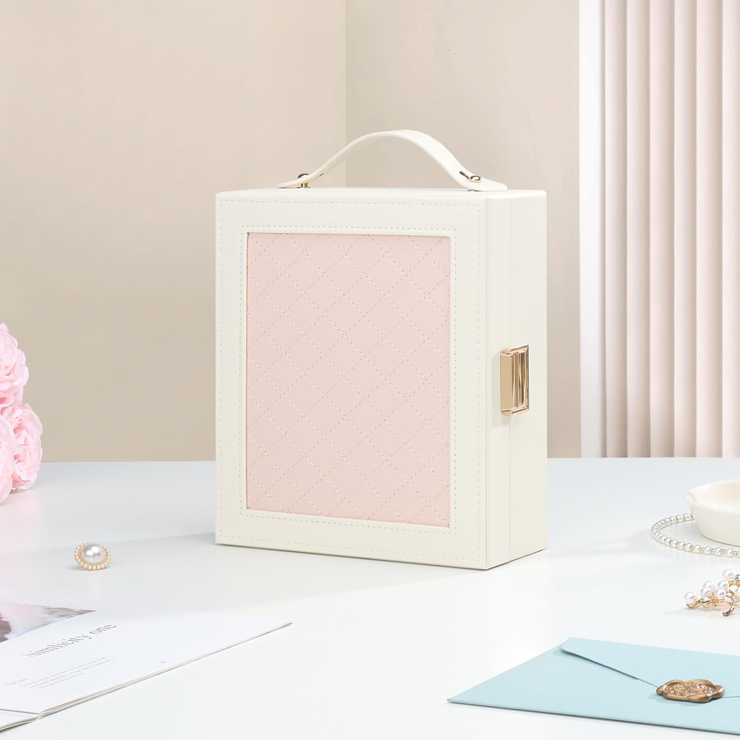 Direct Manufacturer DesignSter Jewelry Box Organizer, Portable Jewelry Storage Box with Mirror, Travel Jewelry Case with Handle for Rings Earrings Bracelets Necklaces(Beige & Pink) Low MOQ