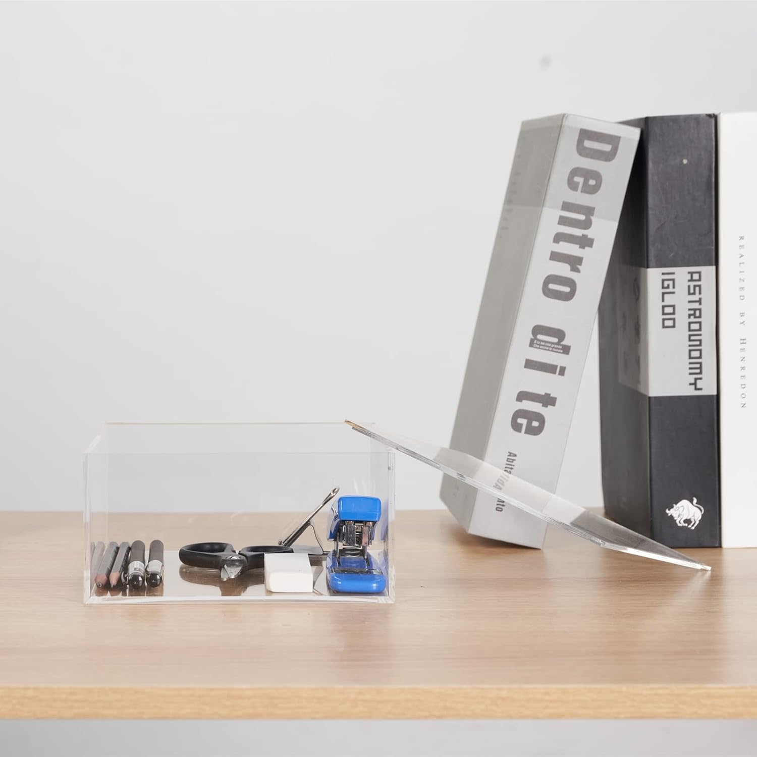 ODM Decorative Acrylic Box with Lid, Clear Cube Display Case, Multi-Purpose Box Square Container for Highlighters, Adhesive Tape, Paper Clips, Stamps, Display in Office or Home-AC002-L Custom Logo Service