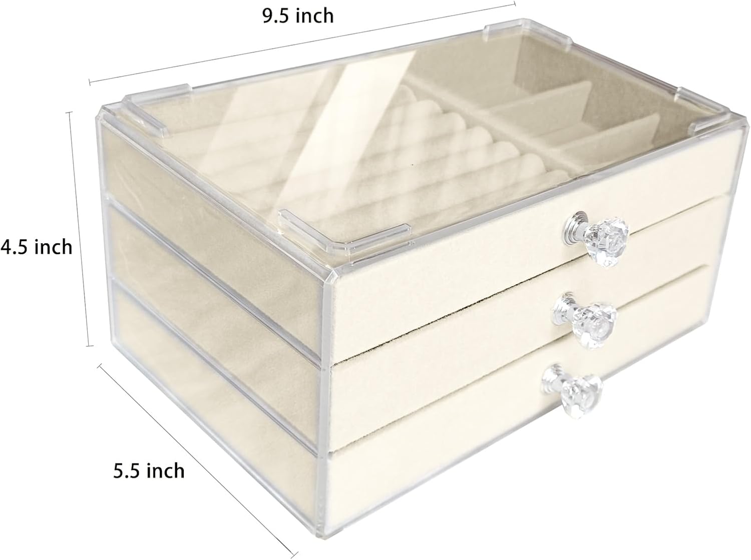 Direct Manufacturer Clear Acrylic Velvet Jewelry Organizer with 3 Drawers, Stackable Display Storage Earrings Necklace Rings Bracelets Box Holder Case for Women, Beige Low MOQ