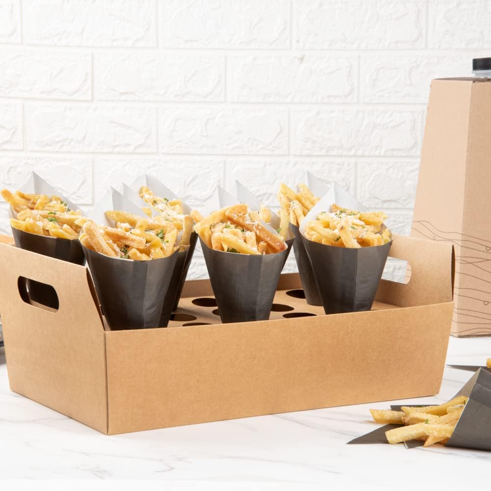 Private Label Restaurantware Cone Tek 14.2 x 8.3 x 5.9 Inch Paper Cone Holders 10 Sturdy Cone Holders - With Handles 30 Slots Kraft Paper Confetti Cone Stand Box Tray For Weddings or Parties Wholesale Manufacturer