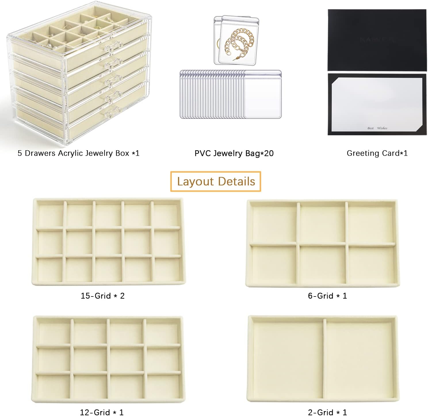 ODM KAMIER Earring Jewelry Organizer with 20 Pcs Portable Jewelry Bag, Clear Acrylic Jewelry Organizer Box for Women with 5 Drawers for Earrings Ring Bracelet Necklace Custom Mold Development