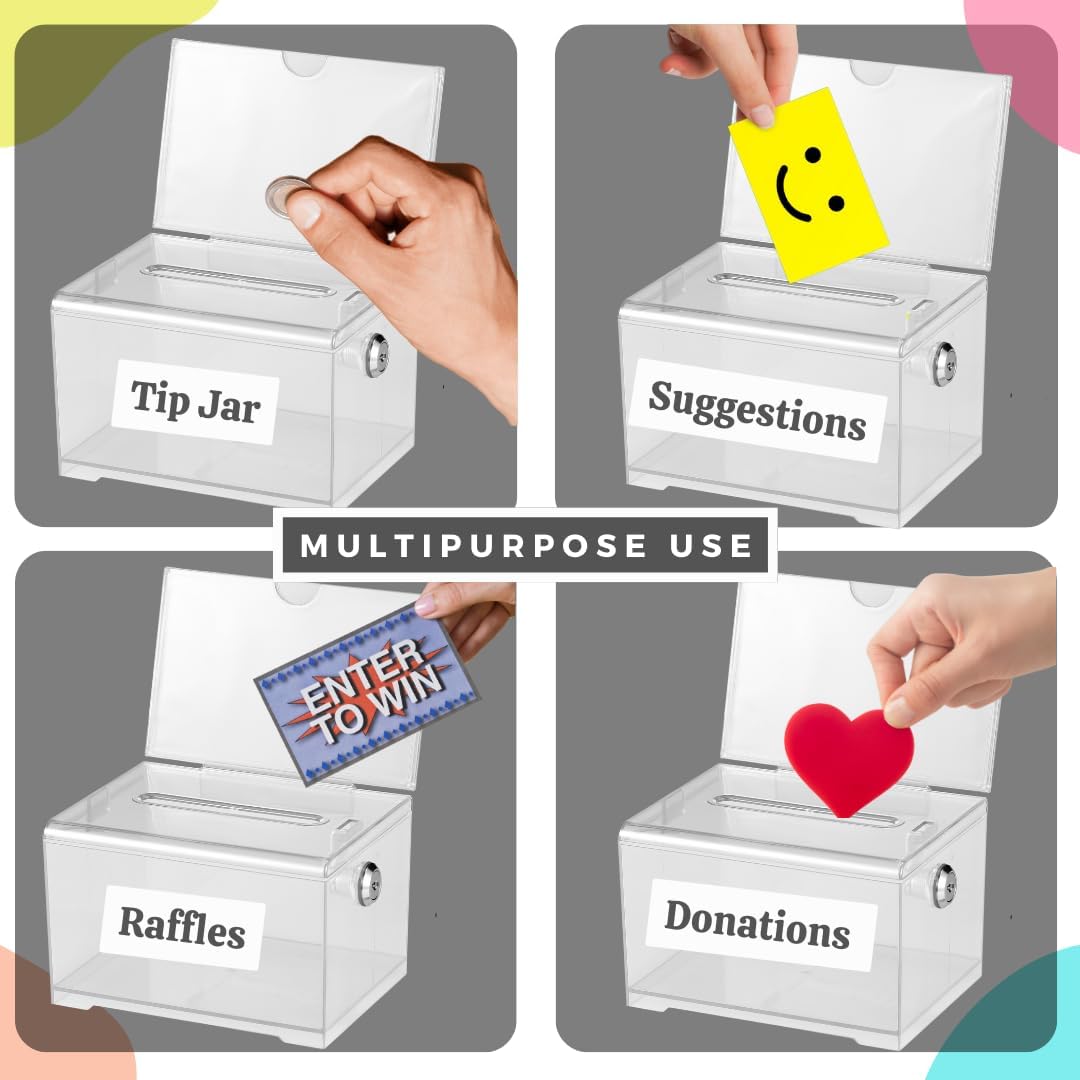 Private Label Adir Acrylic Donation Ballot Box with Lock - Secure and Safe Clear Slotted Suggestion Box - Storage Lock Deposit Box with Keys for Cards, Votes, Tickets, Feedback and Money (6.25 x 4.5 x 4 inches) Custom Mold Development