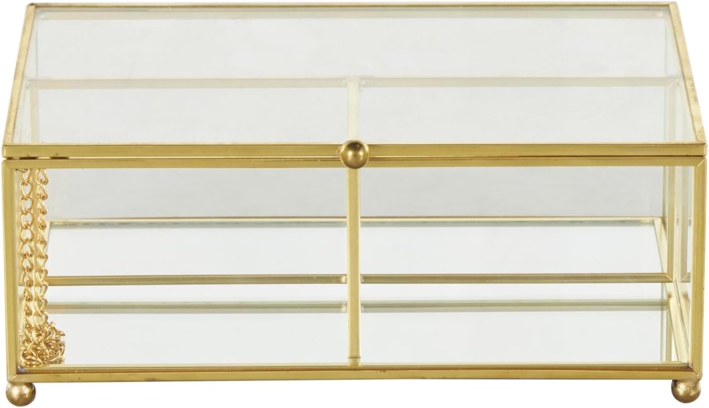 Direct Manufacturer Deco 79 Glass Decorative Jewelry Box 3 Slot Jewelry Organizer with Gold Metal Frame and Chain Accent, Jewelry Holder 7" x 5" x 3", Clear Low MOQ