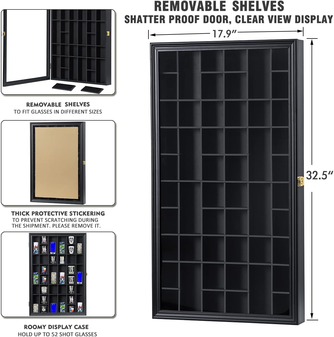 Private Label Shot Glass Display Case Large Wooden Cabinet Rack Holder Wall Mounted Black Shadow Box Lockable with UV Protection Acrylic Glass Door Shot Glass Storage Case with Removable Shelves, 17"x32", 52 Slots Custom Mold Development