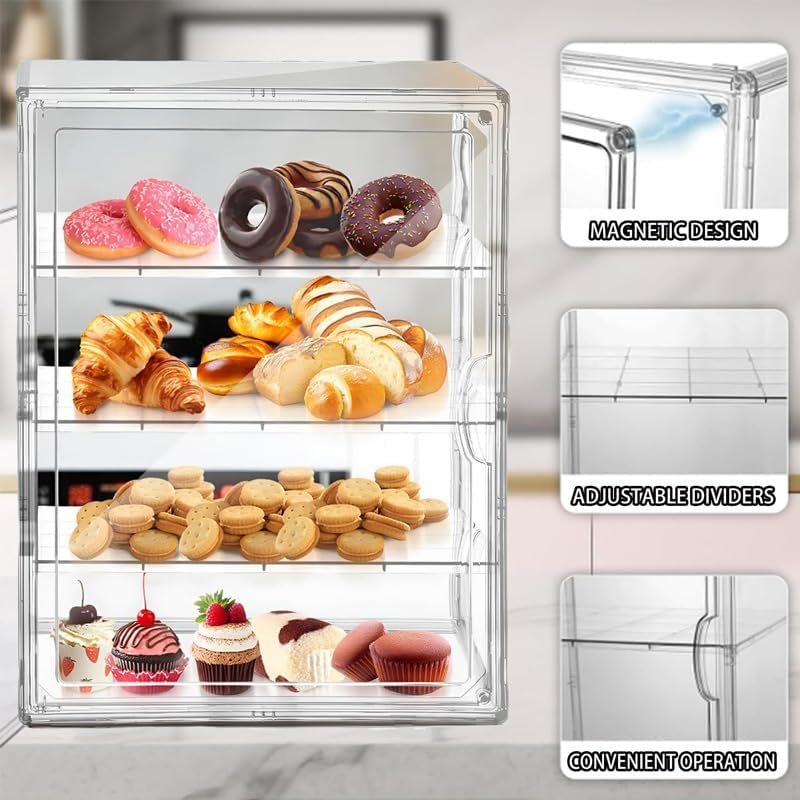 Wholesale OEM ODM Pastry Display Case Bread Box Acrylic Case Donut Cake Pie Cabinet Dessert Muffins Cookies for Kitchen Countertop 4-Tier Adjustable Clear Bread Storage with Magnetic Door(4 Floors) Factory & Supplier