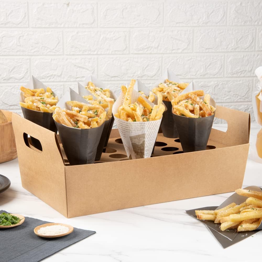 Private Label Restaurantware Cone Tek 14.2 x 8.3 x 5.9 Inch Paper Cone Holders 10 Sturdy Cone Holders - With Handles 30 Slots Kraft Paper Confetti Cone Stand Box Tray For Weddings or Parties Wholesale Manufacturer