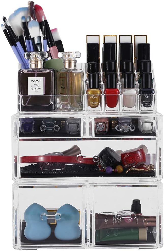 Private Label Sooyee Makeup Organizer,Acrylic Cosmetic Organizer Storage Drawers Jewelry and Cosmetic Display Cases Box(5 Drawers 7 Tiers) 3 Pieces Stackable,Clear Custom Logo Service