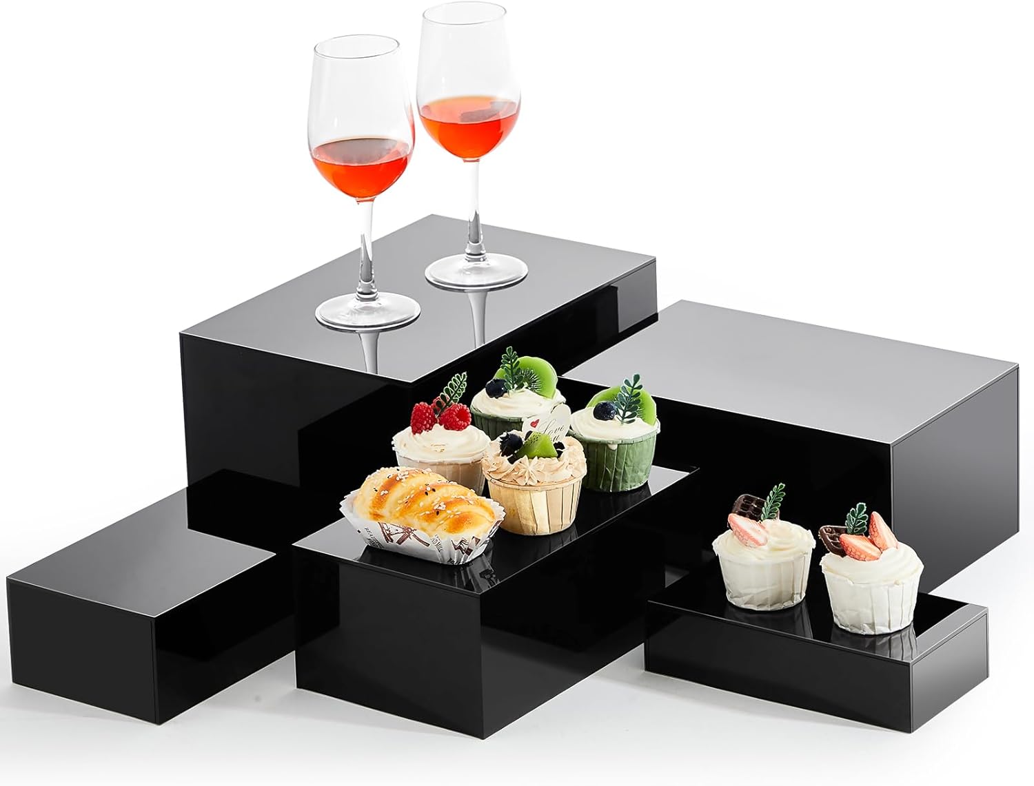 Sintuff Buffet Risers 5 Pcs Acrylic Food Display Cube for Buffet Table Dessert Cake Jewelry Figures Show Decor Acrylic Cube Boxes Nesting Risers with Hollow Bottoms(Black,8/9/10/11/12inch)