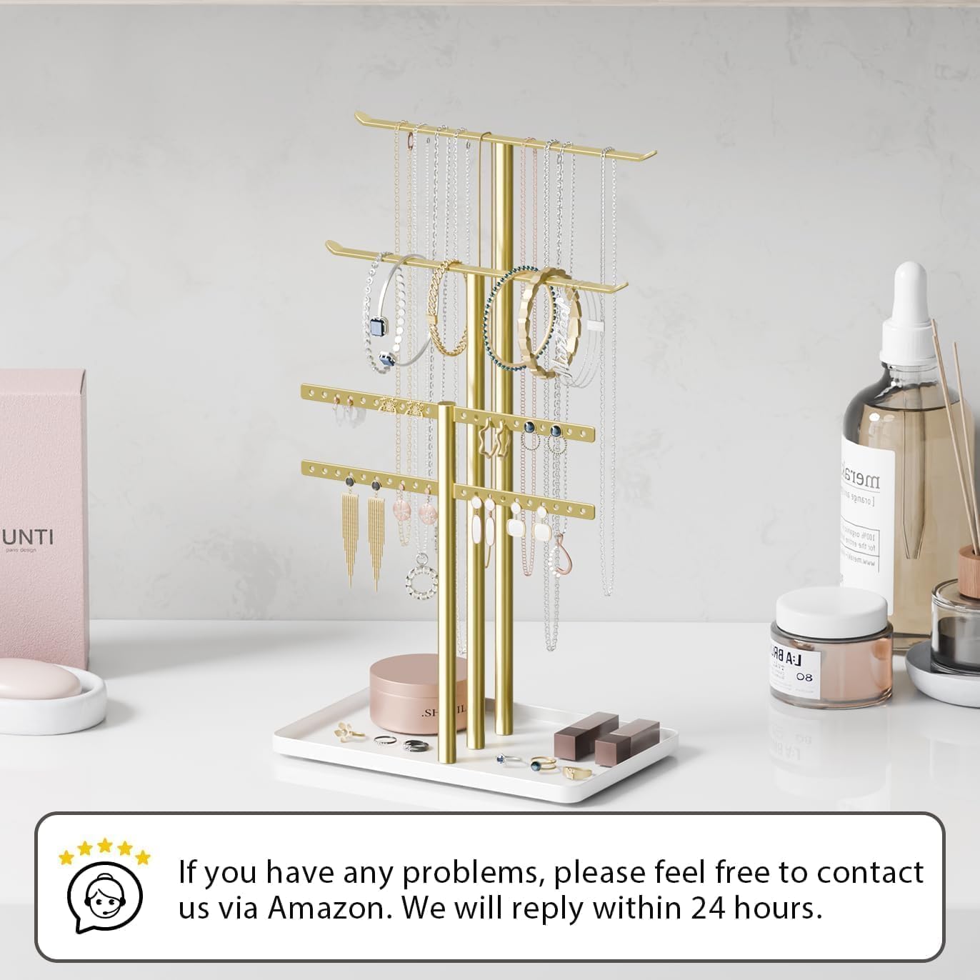 Direct Manufacturer pickpiff Jewelry Stand Holder Organizer: 14.5" Sturdy Hanger for 80 Pcs Jewelry, Gift for Women, Gold Jewlery Tower for Necklace, Earring, Bracelet Low MOQ