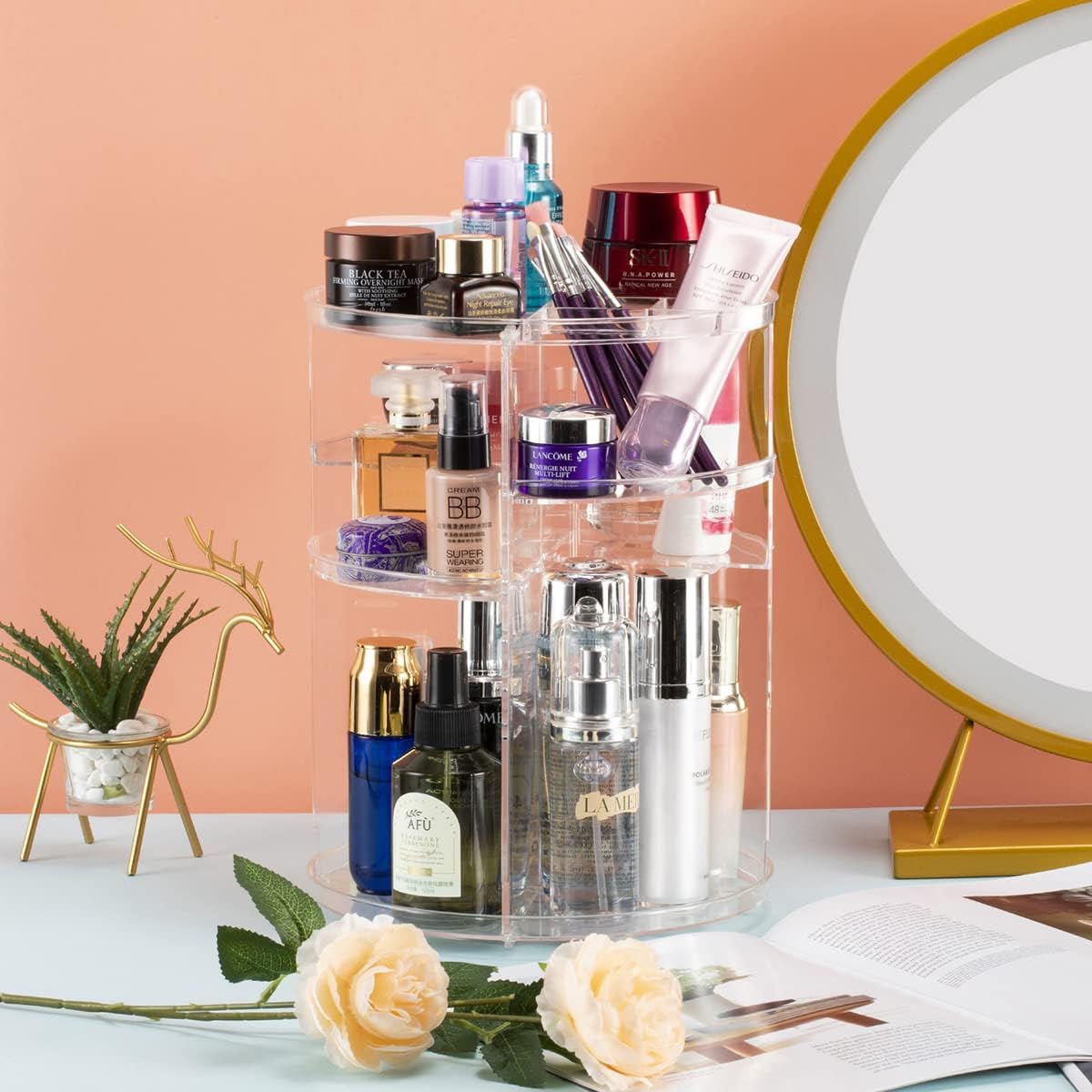 Private Label 360° Rotating Makeup Organizer, Skincare Storage Box, Cosmetic Display Case with Brush Holder Perfume Tray, Multifunctional Rotating Rack Suitable for Dressing Tables and Bathroom Countertops Custom Logo Service