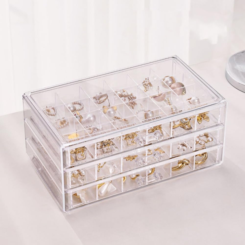 Direct Manufacturer Earring Organizer Box Acrylic Stackable Jewelry Organizer with 3 Drawers 72 Small Compartments Clear Jewelry Display Stand for Stud Earring Ring Pin Display (Transparent) Low MOQ