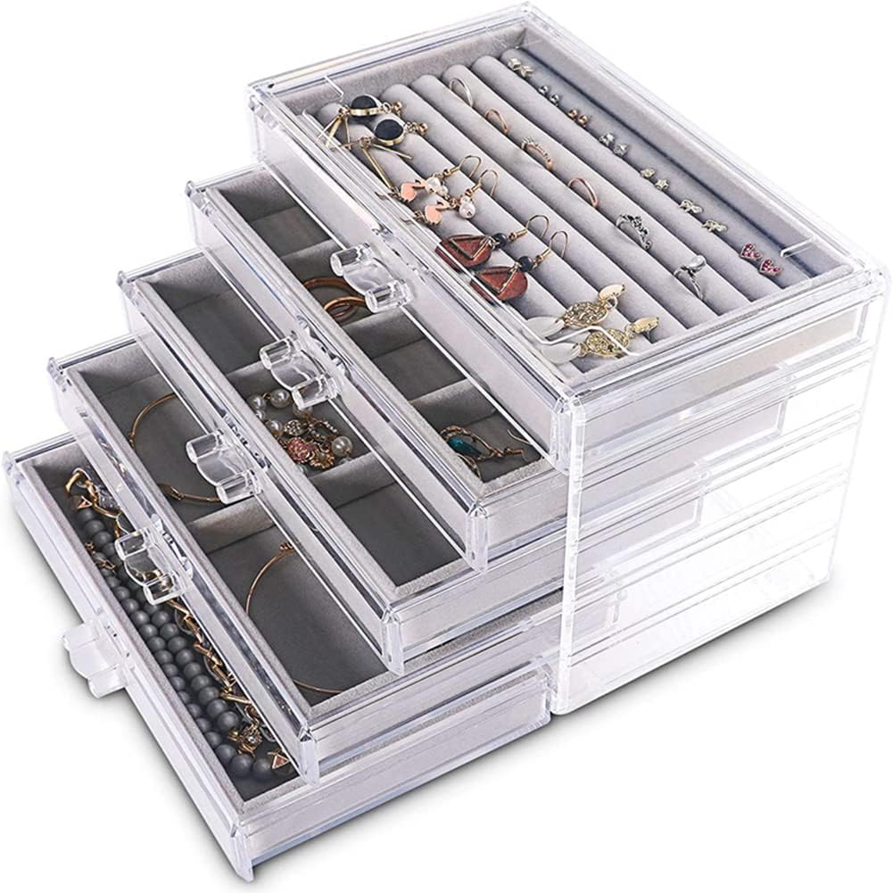 Direct Manufacturer Clear Jewelry Box Acrylic Velvet Jewelry Organizer, Jewelry Tray Drawer Organizer, Necklace Storage Jewellery Display Trays Box for Dresser, Jewelry Drawer Dividers Container Low MOQ
