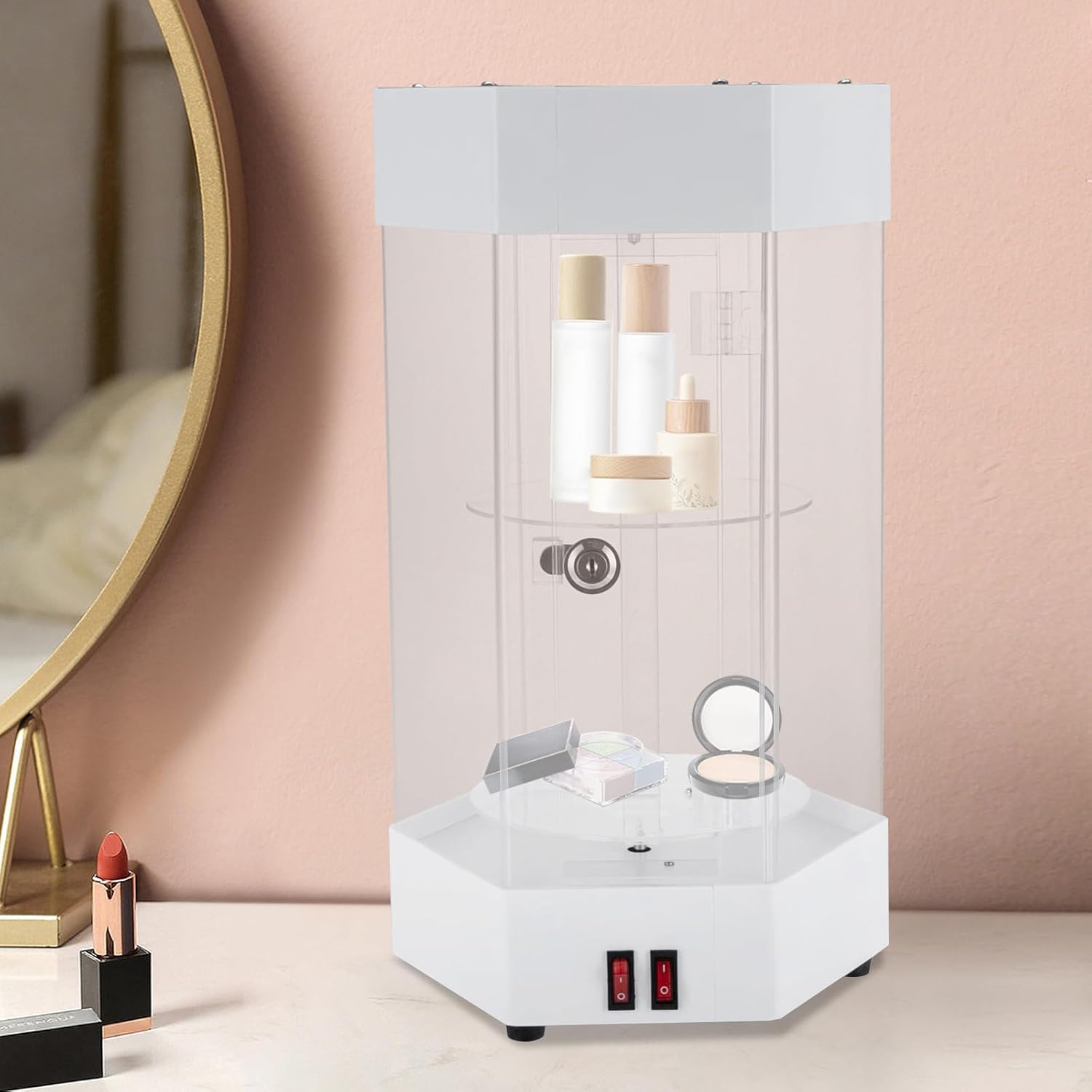 Private Label Electric Rotating Display Case Lockable Acrylic Jewelry Display Case Modern Collection Storage Display Cabinet Showcase Jewelry Storage Organizer with LED Lights and Locks for Home Shop, White & Clear Custom Mold Development
