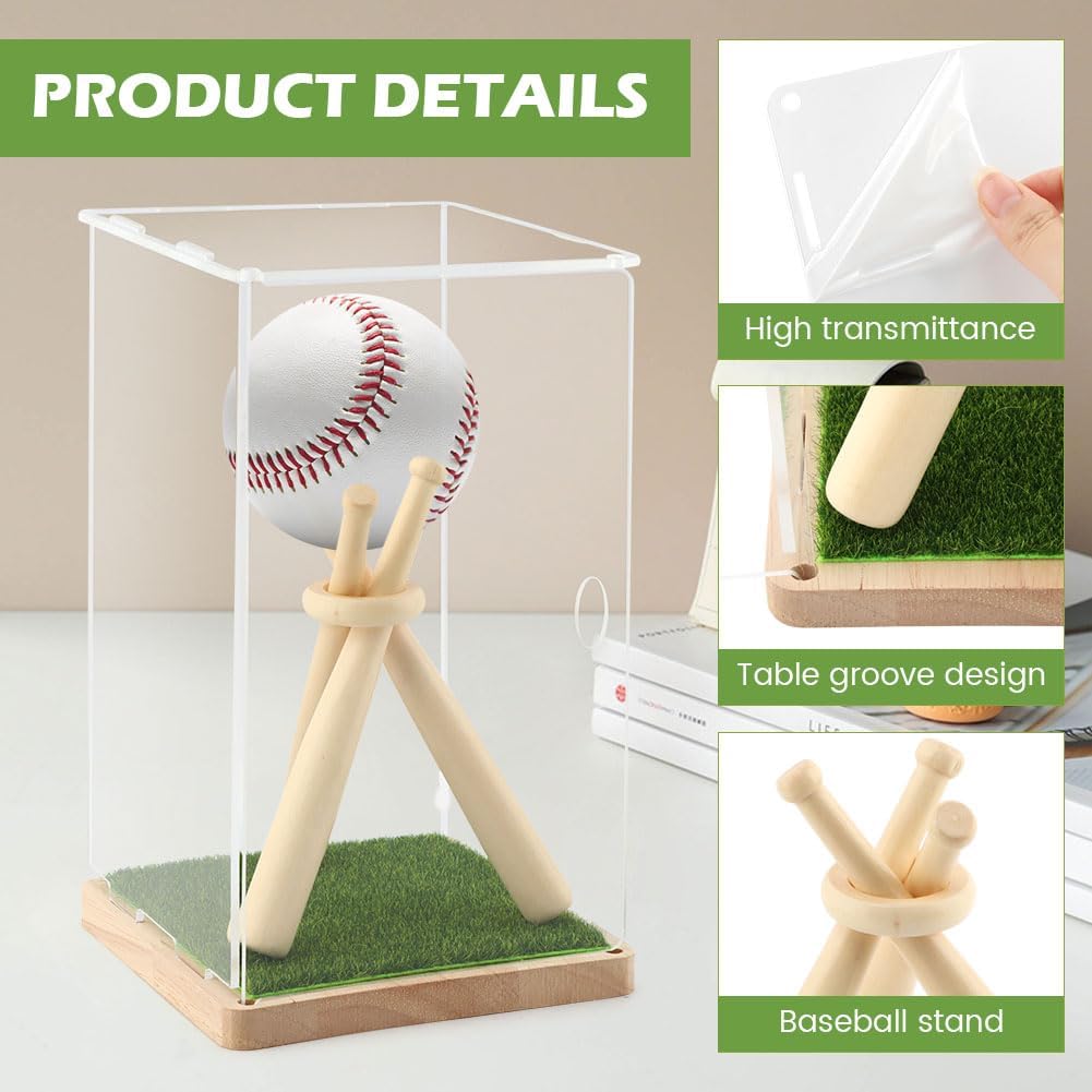ODM Baseball Display Case with Stand Holder, Acrylic Box with Grass Pad Memorabilia Showcase Holder, Wooden Base for Balls, Autographed/Memorabilia Signed Baseball Clear Case Cube(Color:Clear) Custom Logo Service