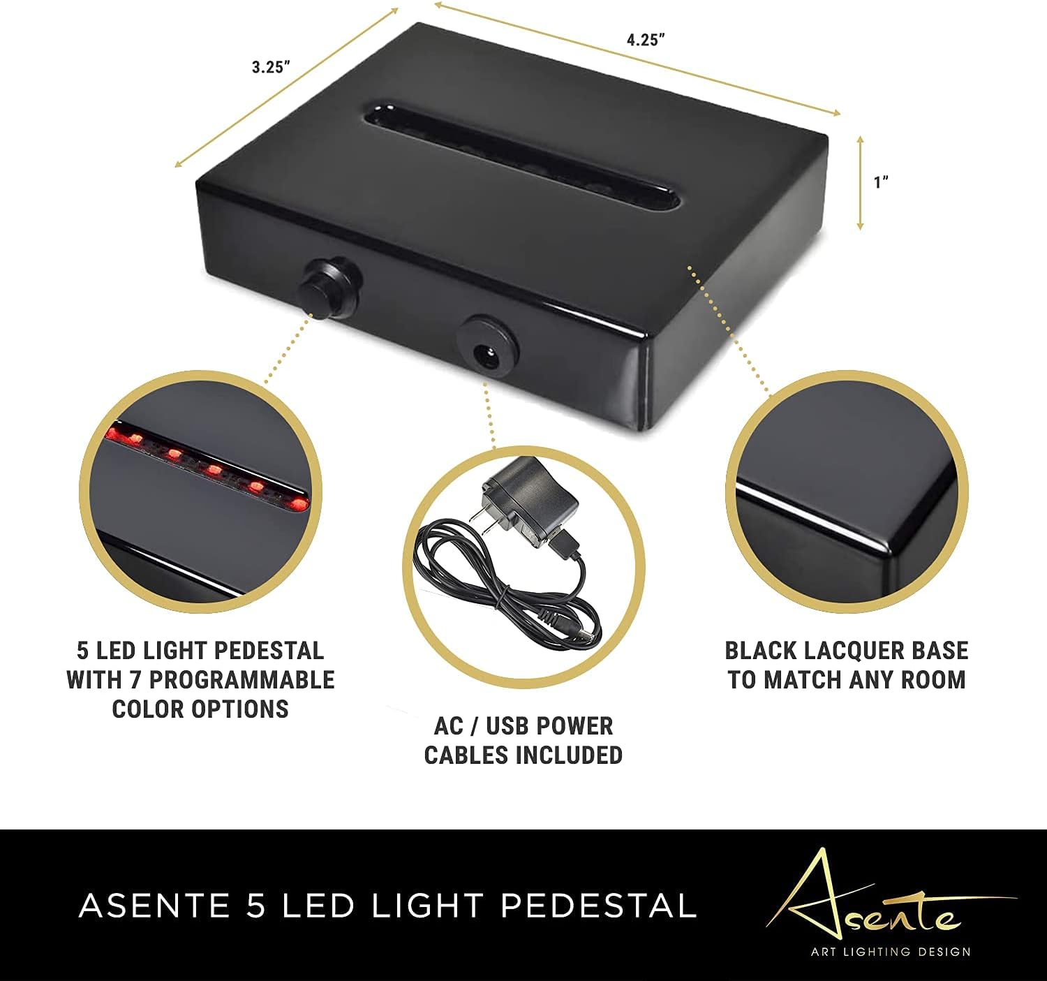 Private Label 5 LED Light Pedestal - Programmable Black Satin Matte Base Stand AC/USB Powered - for 3D Crystal Glass Art - Trophy, Orb & Crystal Light Bases - Illuminated Holder - Lighted Paperweight OEM Wholesale Manufacturer