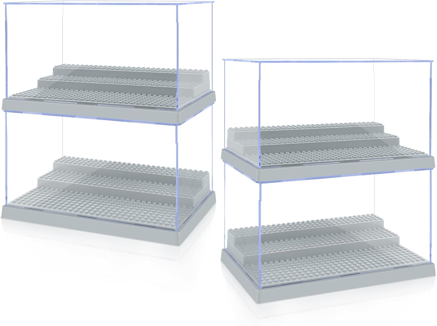 4 Pack Display Case for Minifigure Action Figures Blocks, Acrylic Minifigure Display Case Box Storage with 3 Movable Steps Gift for Kids Adults (Grey)