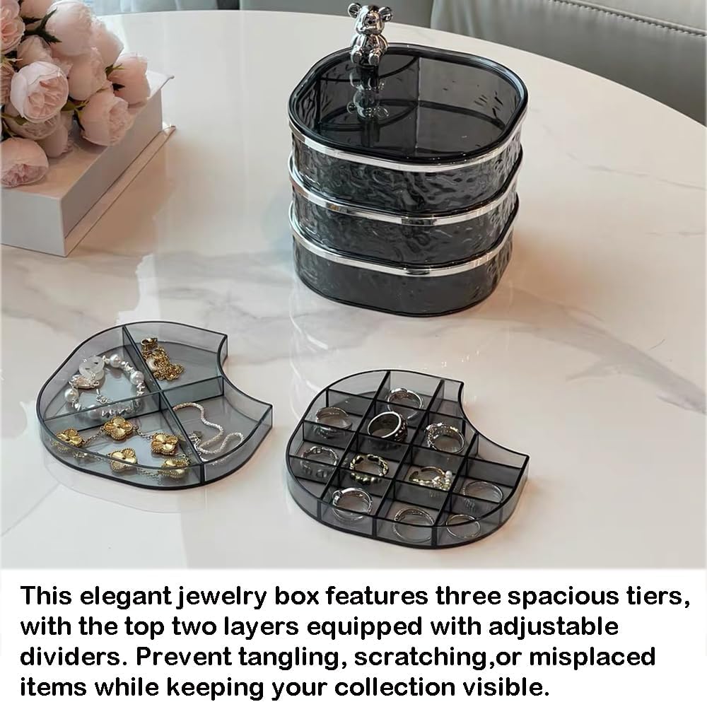 Direct Manufacturer Jewelry Organizer, 3 Layers Rotating Jewelry Box, Small Jewellery Box, Earring Holder with Lid for Earring Organizer, Various Compartments for Rings, Earrings, Necklace, Bracelets, Clear/Grey Low MOQ