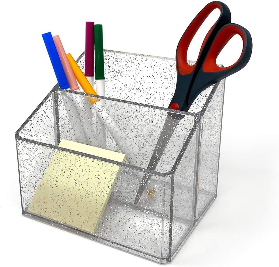 Private Label Isaac Jacobs Clear Acrylic 2-Section Organizer, Remote Holder & Multi-Functional Makeup, Brush, Pen & Pencil Storage Solution, for The Home, Bathroom, Office, Child’s Desk (2-Section, Silver Glitter) Custom Logo Service