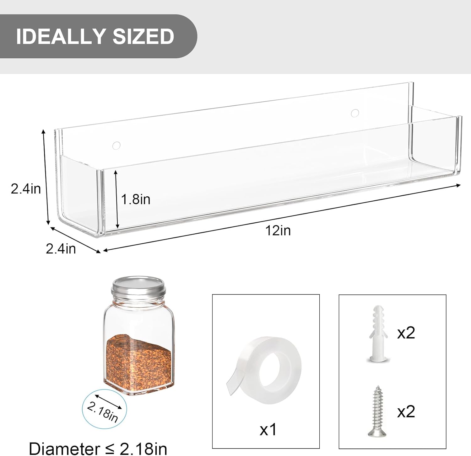 Private Label PMMASTO Adhesive Acrylic Spice Rack Organizer for Wall with Nano Double Sided Tape, Spice Shelf Organization for Kitchen Cabinet Door/Pantry Door, Wall Mount Seasoning Rack (Clear-2 Pack) Dropshipping Friendly