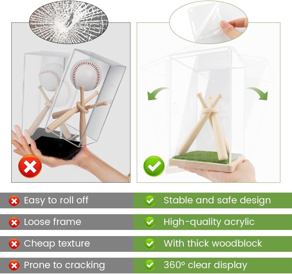 ODM Baseball Display Case with Stand Holder, Acrylic Box with Grass Pad Memorabilia Showcase Holder, Wooden Base for Balls, Autographed/Memorabilia Signed Baseball Clear Case Cube(Color:Clear) Custom Logo Service
