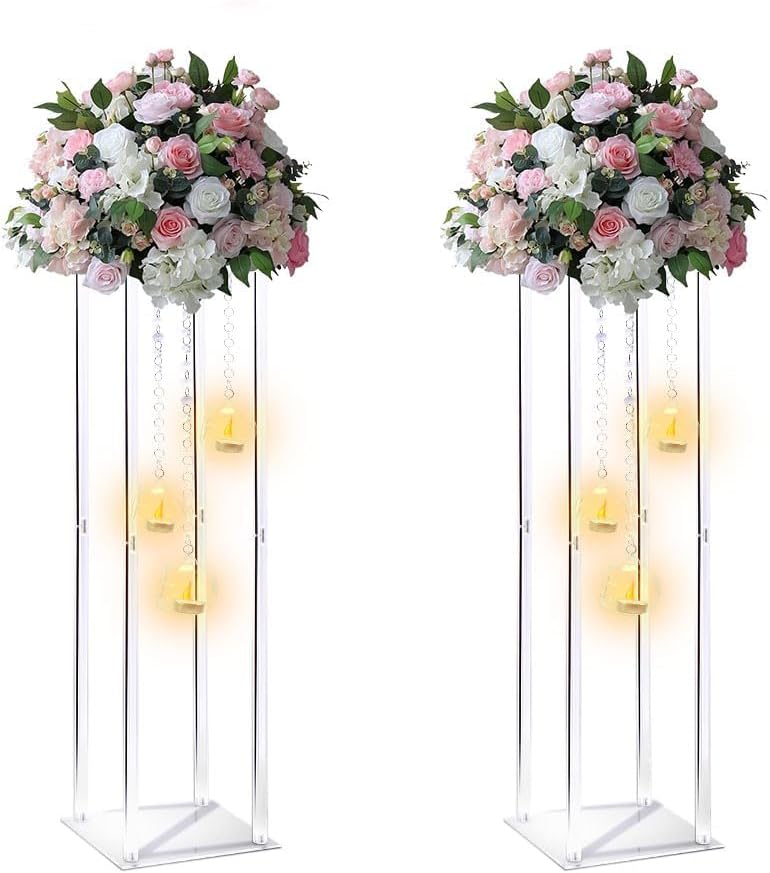 Clear Acrylic Vases Flower Stand Wedding Centerpieces with Hanging Glass Tealight Globe Candle Holders for Event Party Table Decoration Display Rack Column (2, 32 inch)