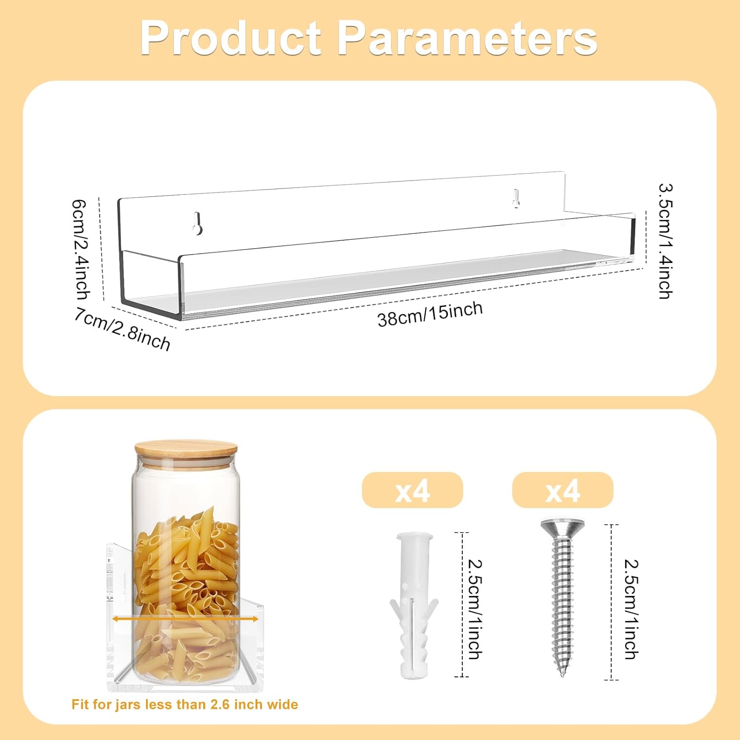 Private Label Acrylic Spice Rack Wall Mount 15 Inch Clear Floating Shelves Invisible Hanging Kids Bookshelf for Kitchen Office Bathroom (2 Pack) Dropshipping Friendly