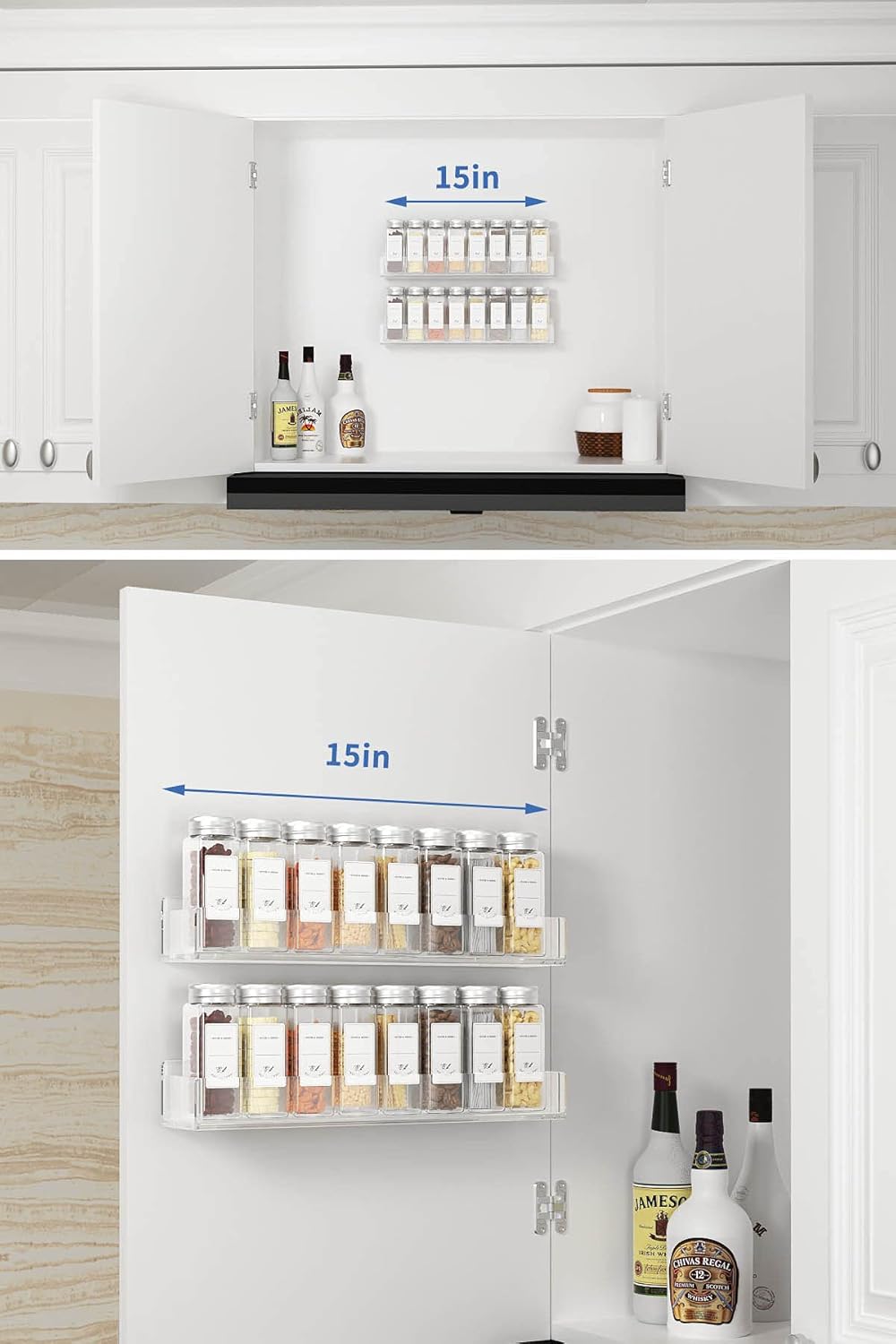 Private Label FEMELI Acrylic Wall Mount Spice Rack - 15 Inch, 4 Pack Hanging Spice Rack Shelf for Cabinets, Cupboard or Pantry Door, Kitchen Organizer Dropshipping Friendly