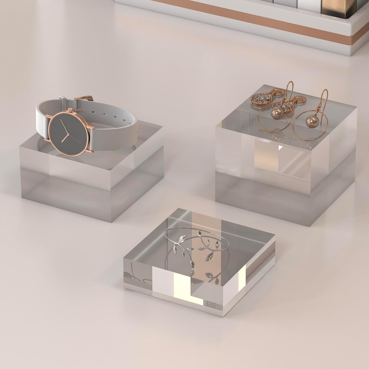 Private Label Acrylic Display Stands, 3 Graduated Sizes Acrylic Block Riser for Displaying Collection, Crystal Clear Acrylic Cube Pedestals for Jewelry Glass, Gem and Collectables, 1set OEM Wholesale Manufacturer