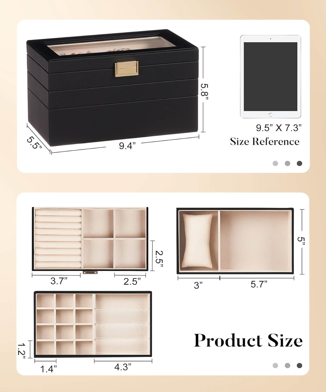 Direct Manufacturer Homde Jewelry Tray Stackable Jewelry Box with Glass Lid, Removable Dividers for Vanity Table Gift Idea for Girls and Women (Black) Low MOQ